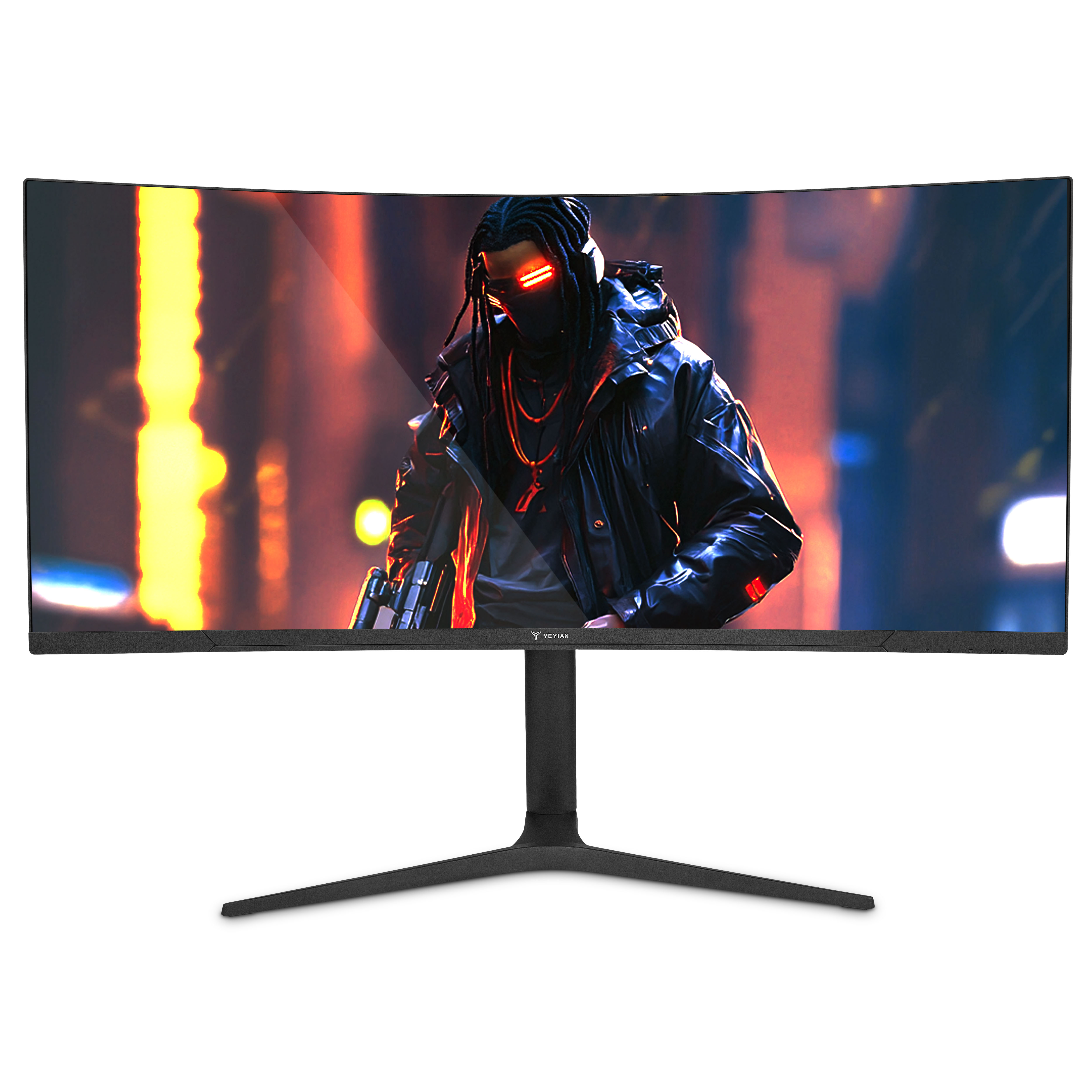 Monitor curvo que muestra una imagen futurista de una persona con ojos rojos.