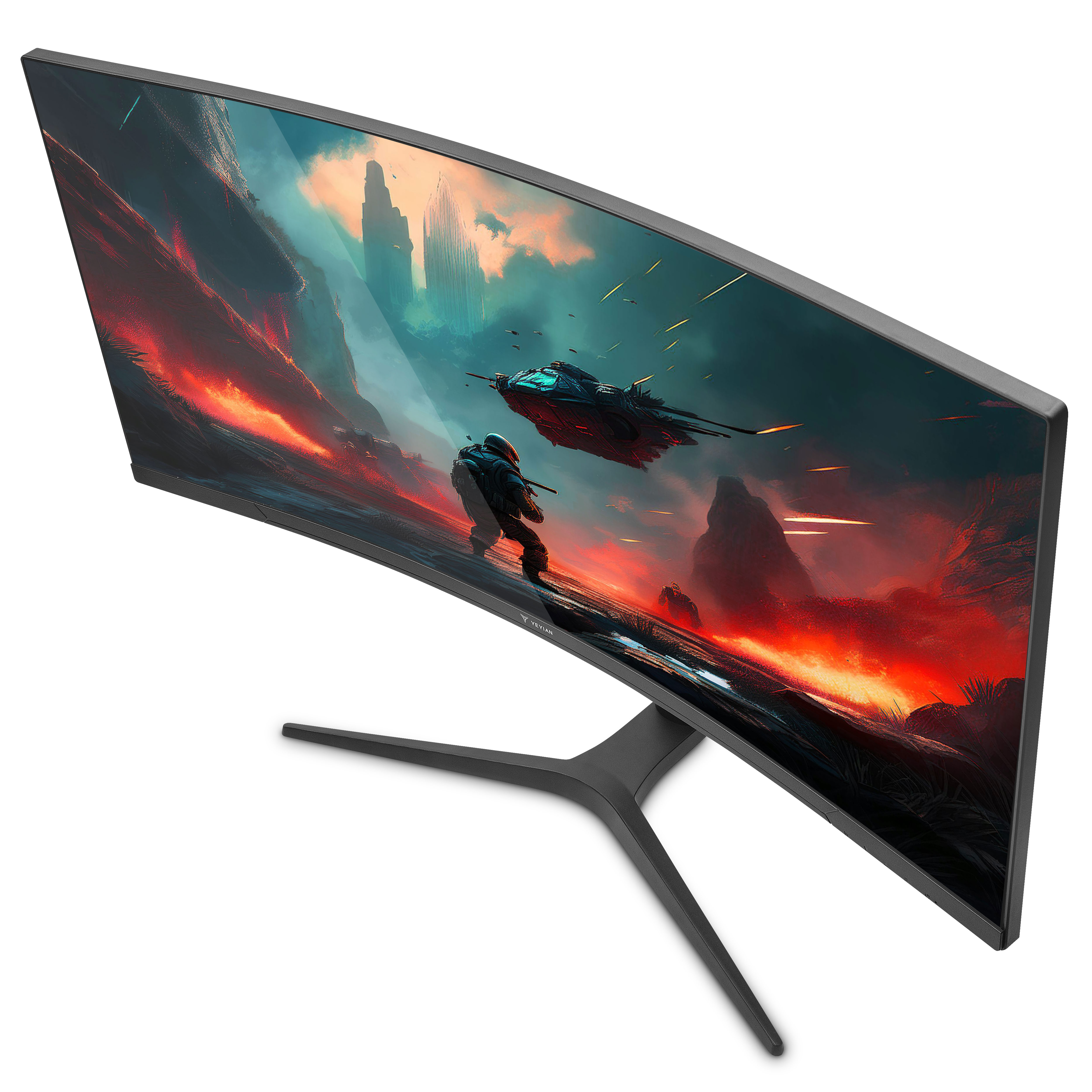Monitor curvo para juegos mostrando escena de ciencia ficción con personajes.