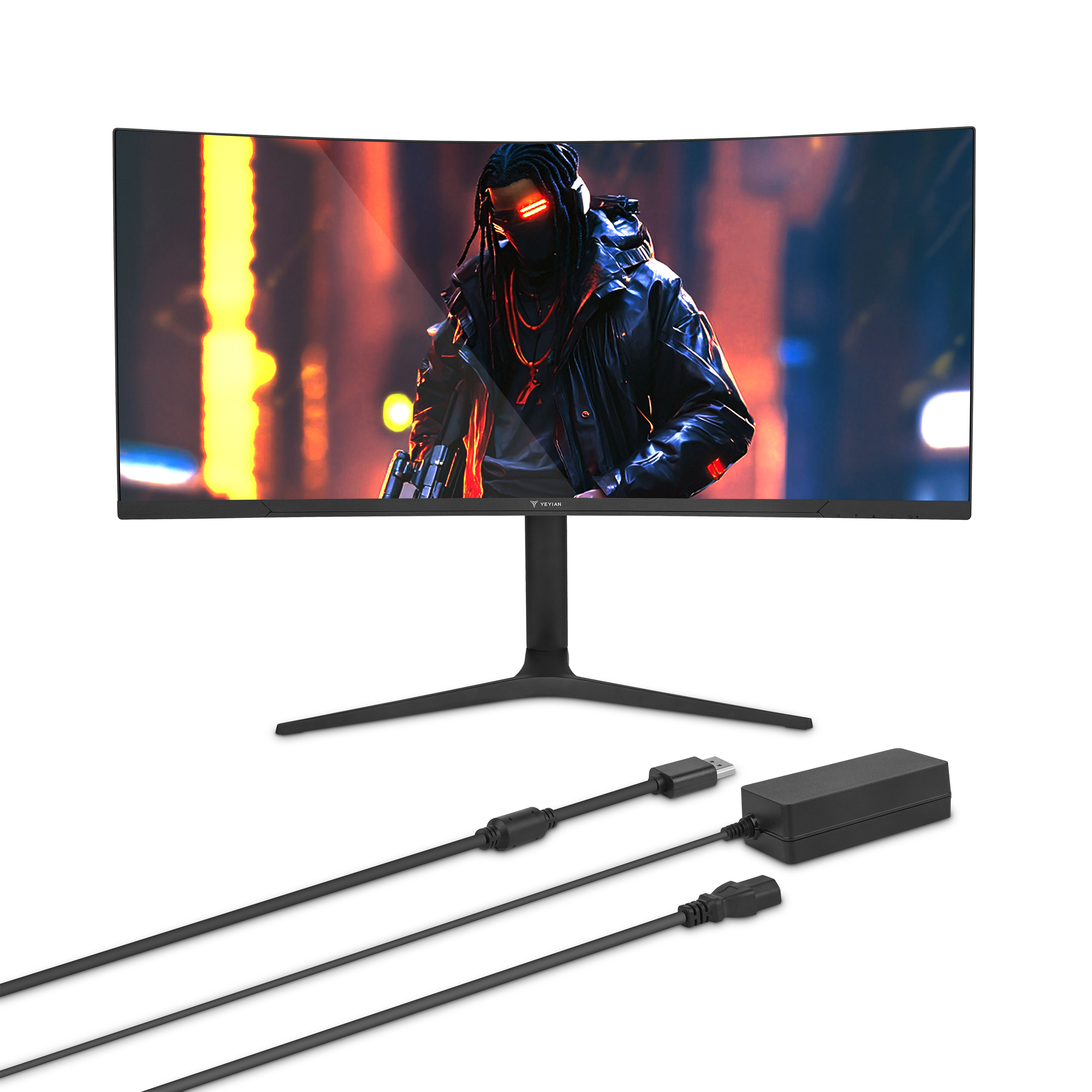 Un monitor curvo muestra una persona con máscara. Cables y fuente de alimentación delante.