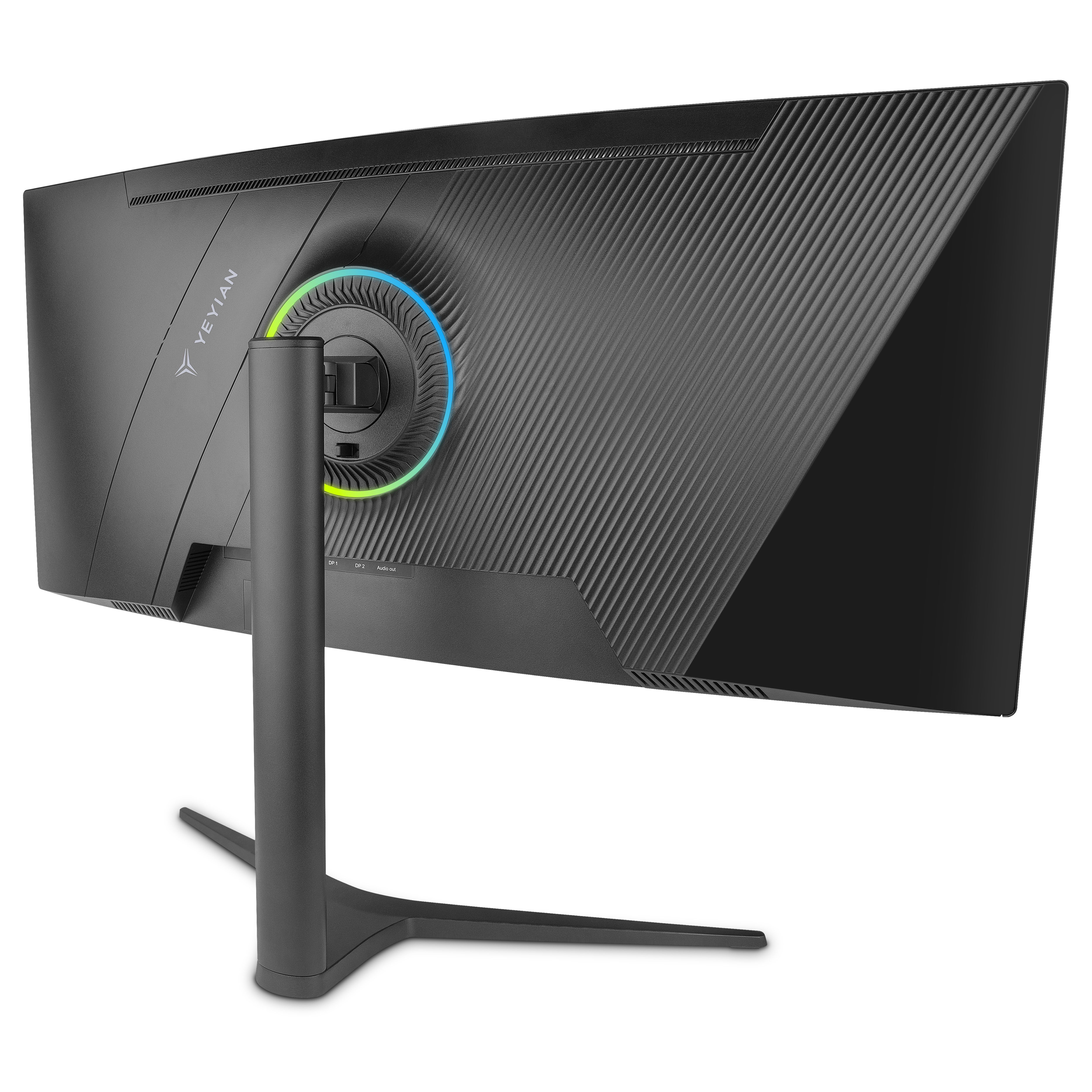 La parte trasera de un monitor de juegos negro. Tiene un soporte y está en ángulo.