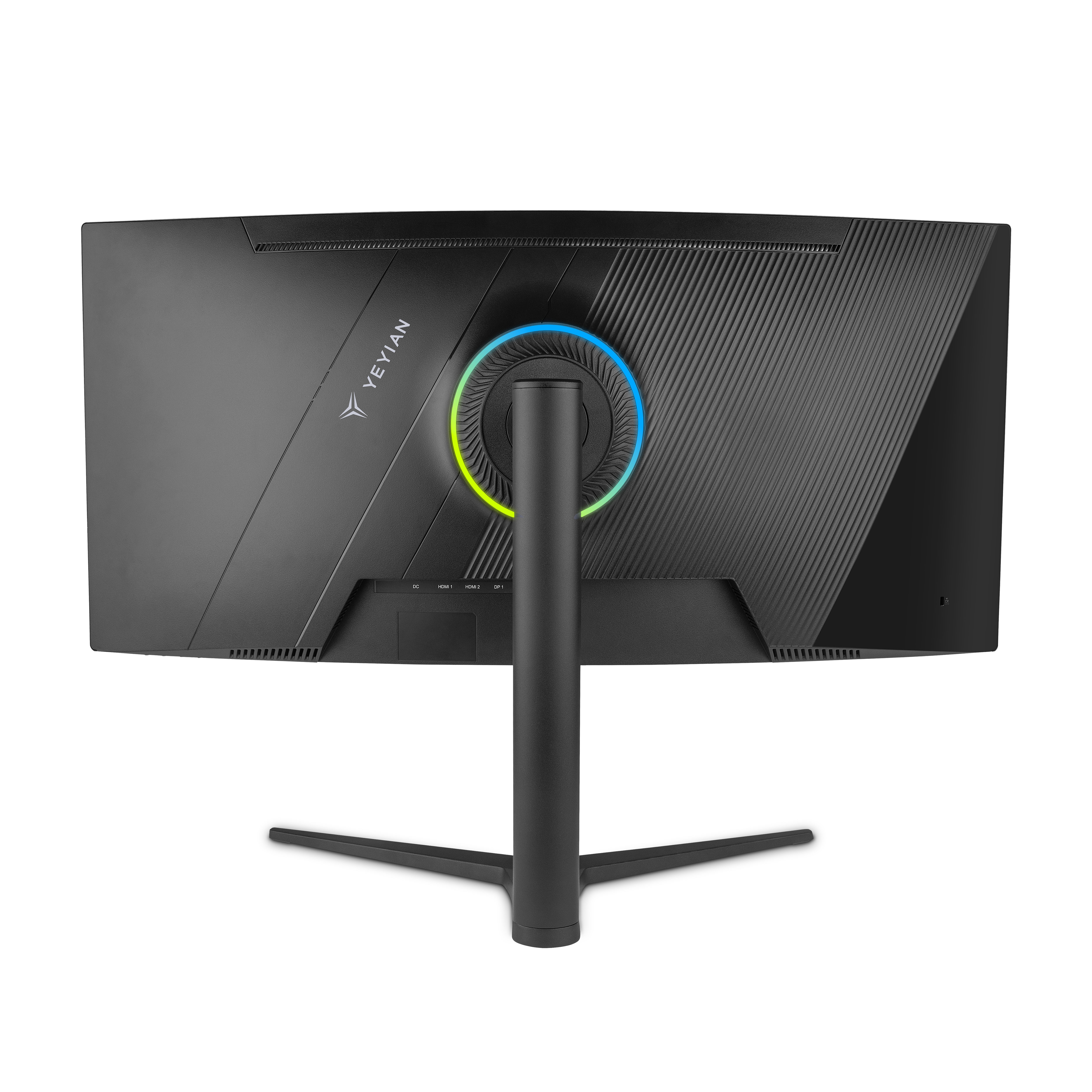Vista trasera de un monitor de ordenador negro curvado con una luz de anillo en la parte posterior.