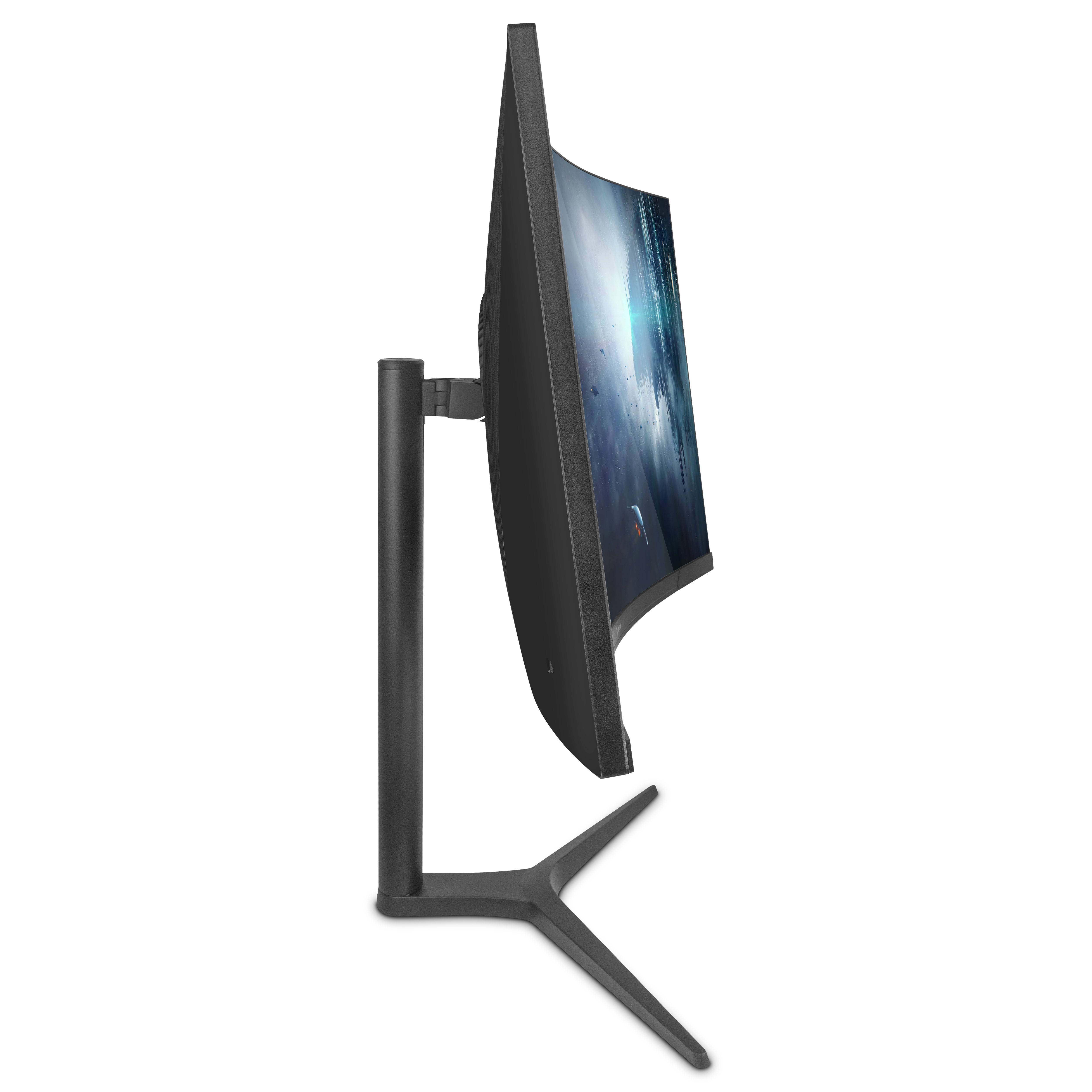 Monitor de computadora negro curvo con soporte. Muestra imagen abstracta sobre fondo blanco.