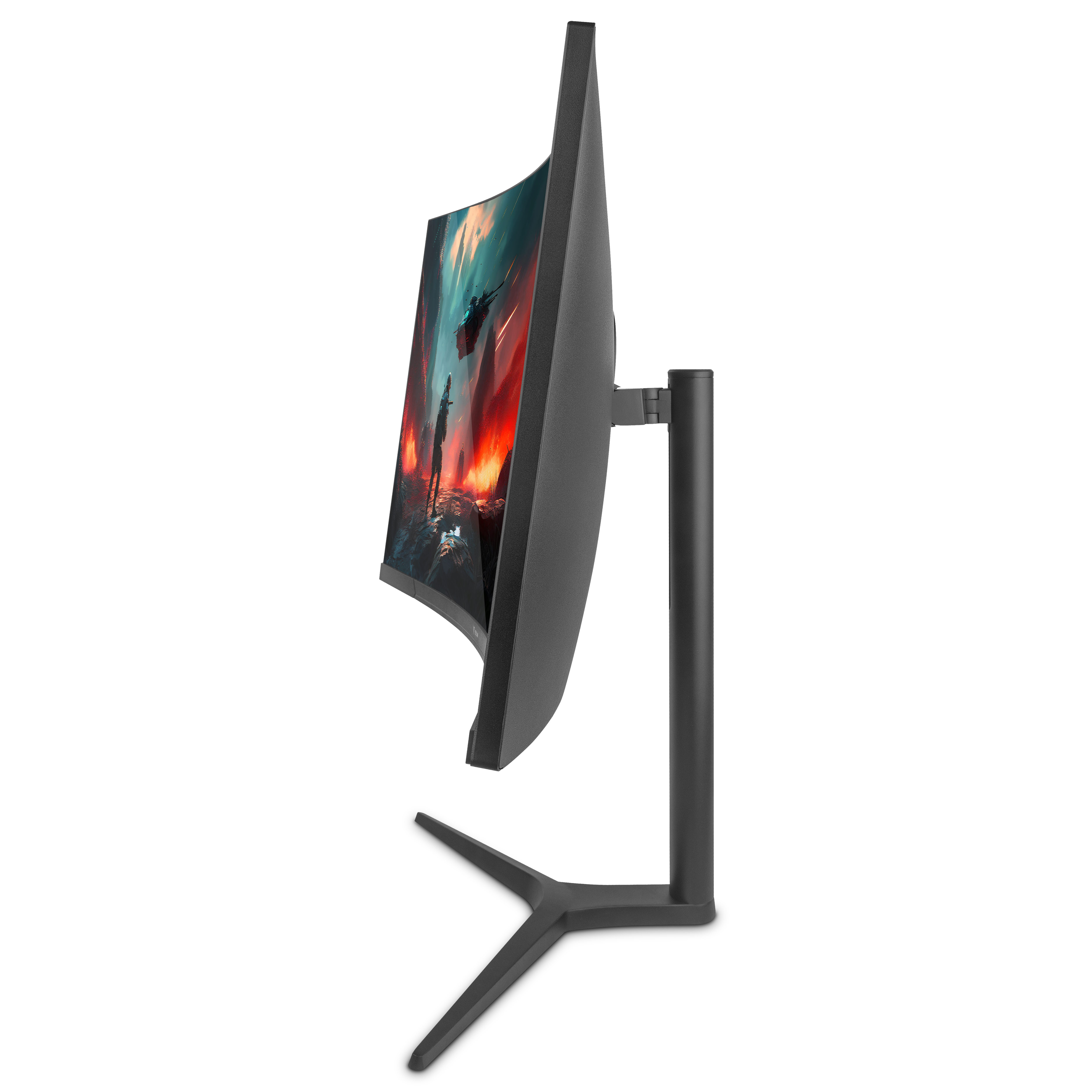Un monitor de computadora curvo sobre un soporte. La pantalla muestra una escena de juego con un esquema de color rojo y azul.