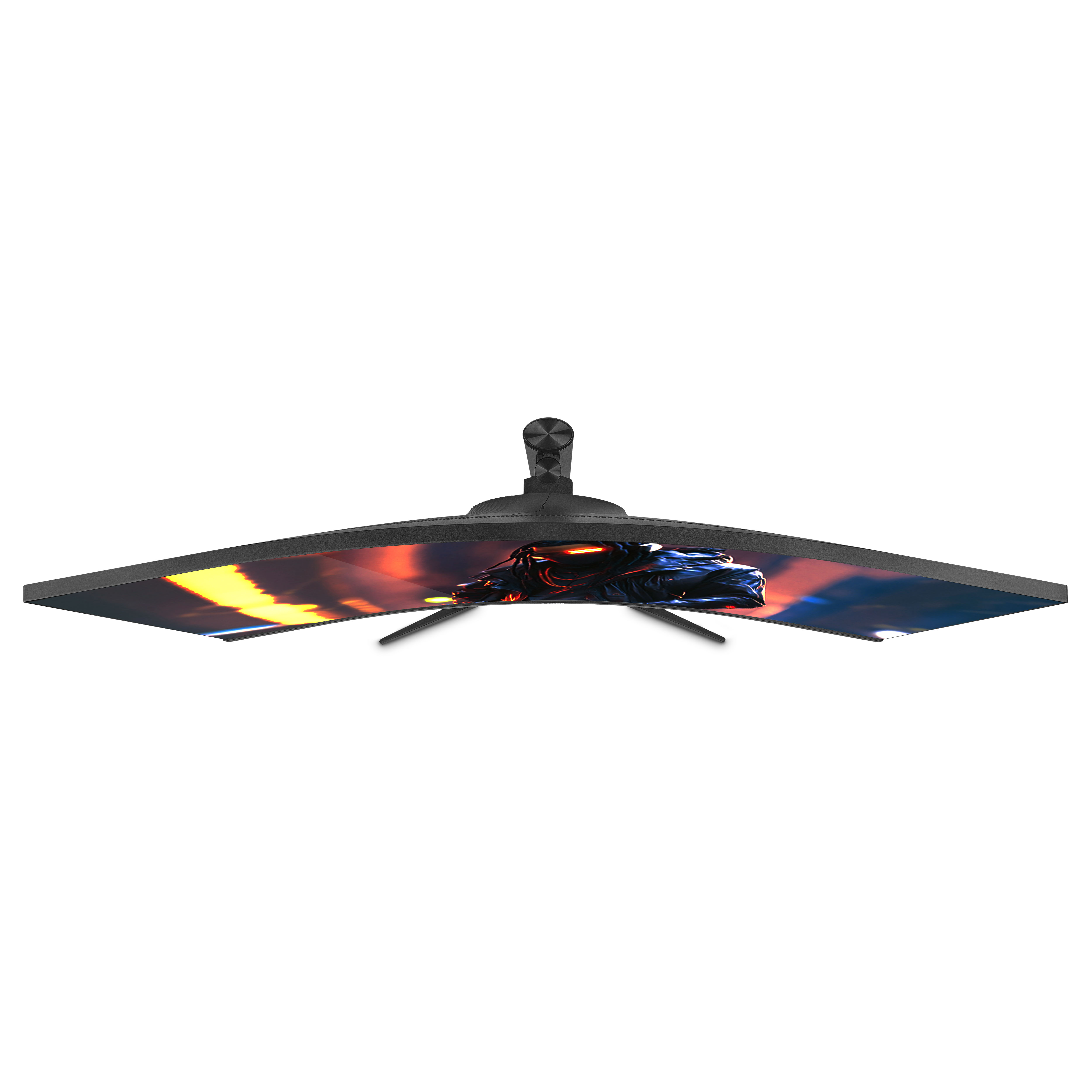 Un monitor curvo desde arriba, negro con una pantalla colorida que muestra un dragón.