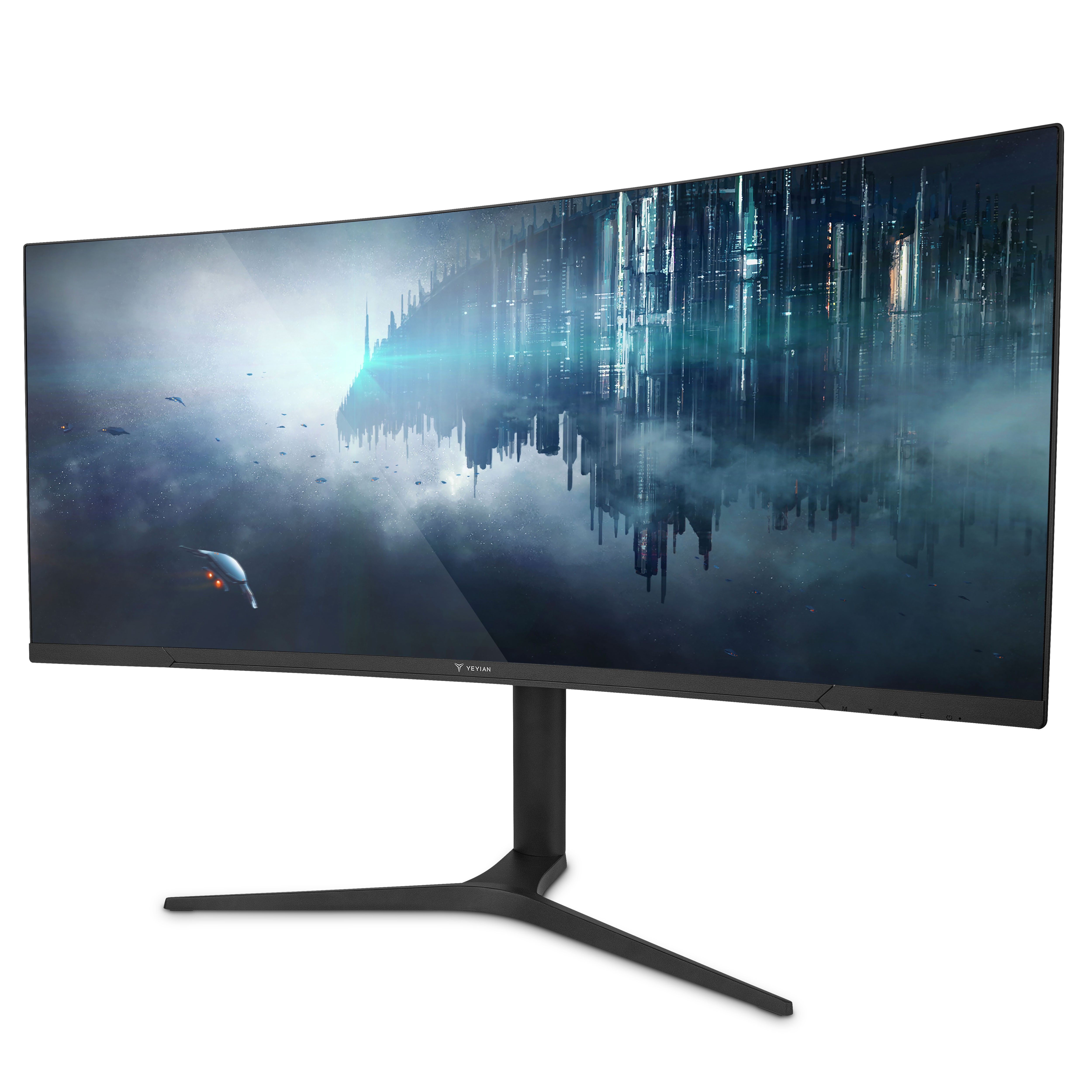 Monitor de computadora negro curvo con imagen de ciudad futurista.