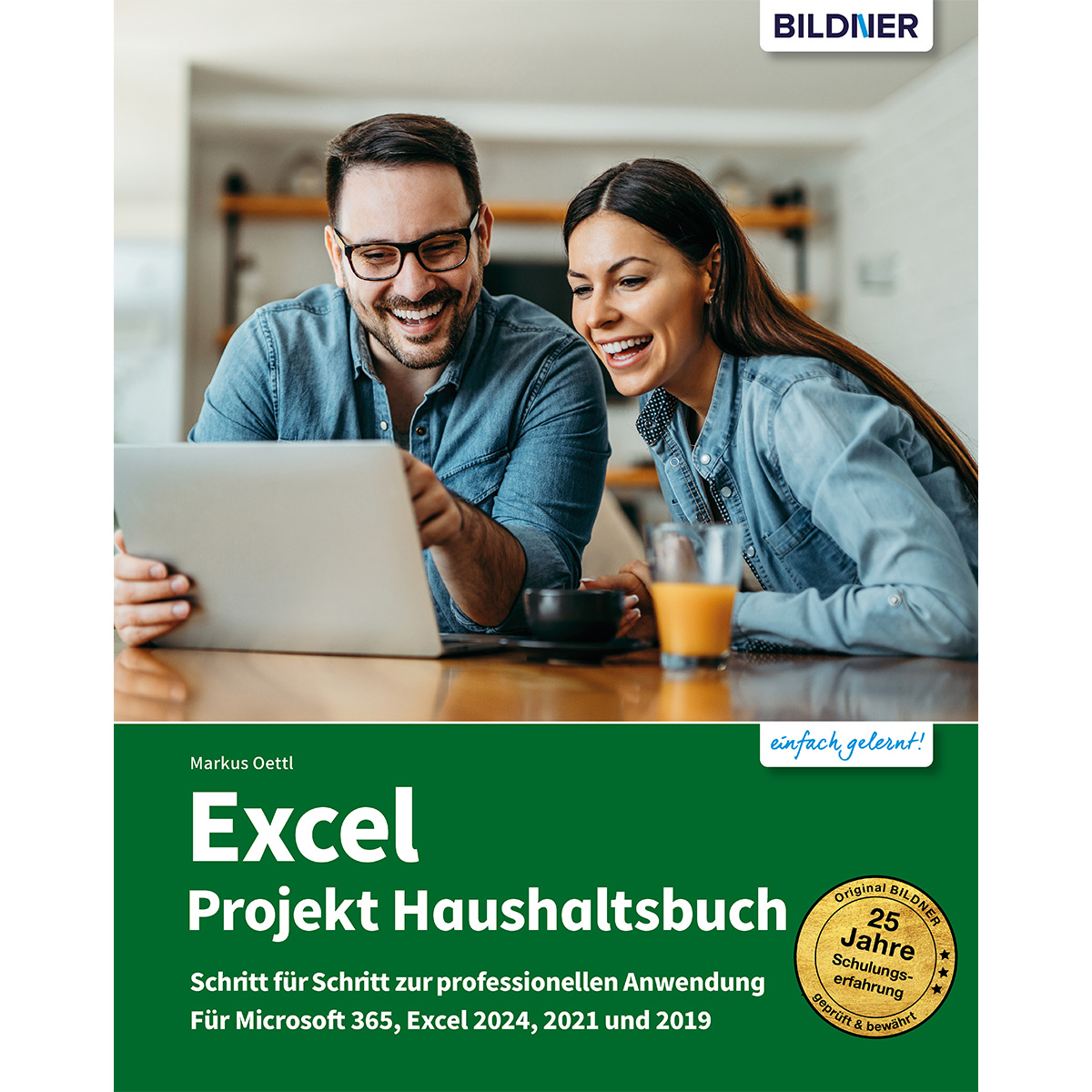 Ein Buchumschlag mit zwei Personen, die auf einen Laptop schauen. Der Text ist auf Deutsch, 'Excel' ist prominent.