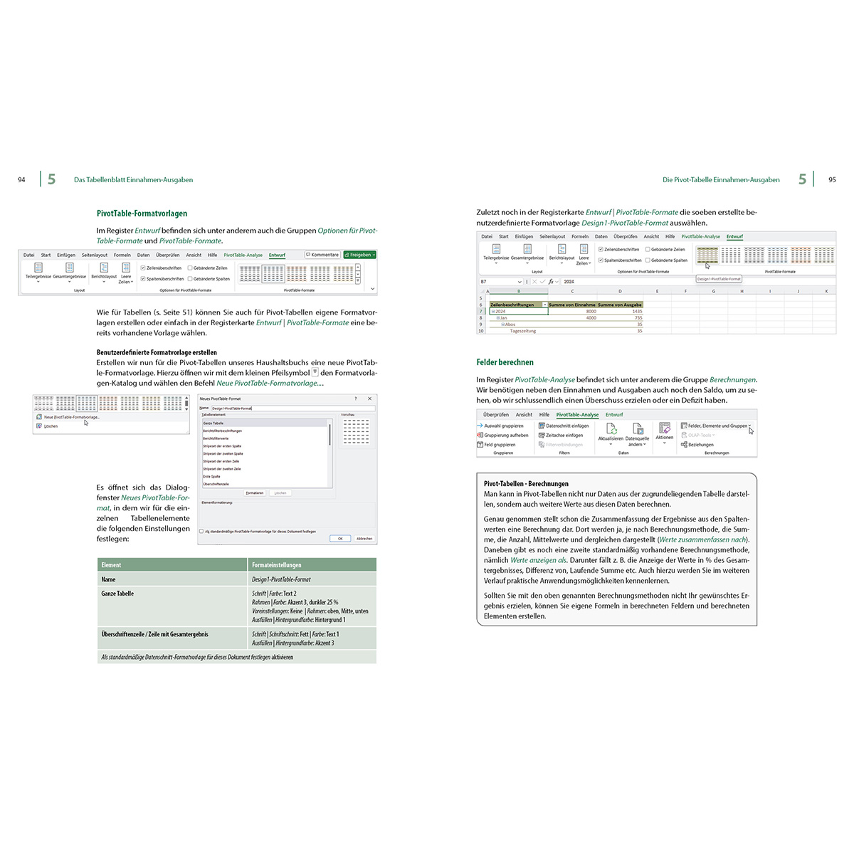 Zwei Seiten aus einem Buch über Pivot-Tabellen in Excel. Screenshots der Software werden gezeigt.