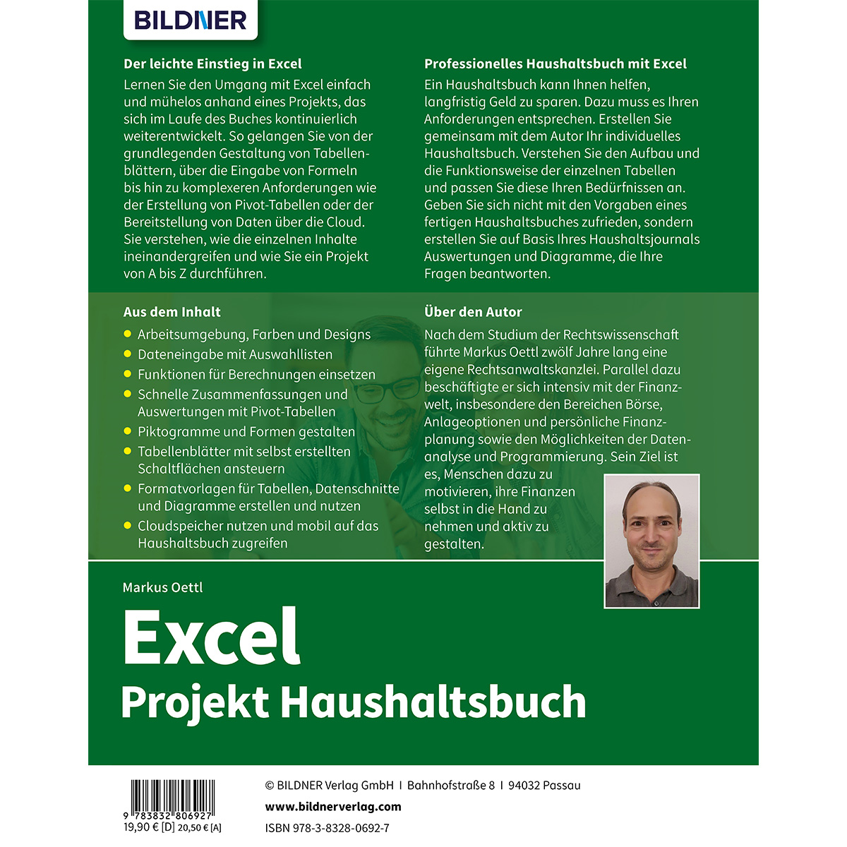 Buchcover mit dem Titel "Excel Projekt Haushaltsbuch" mit Foto des Autors und Designelementen.
