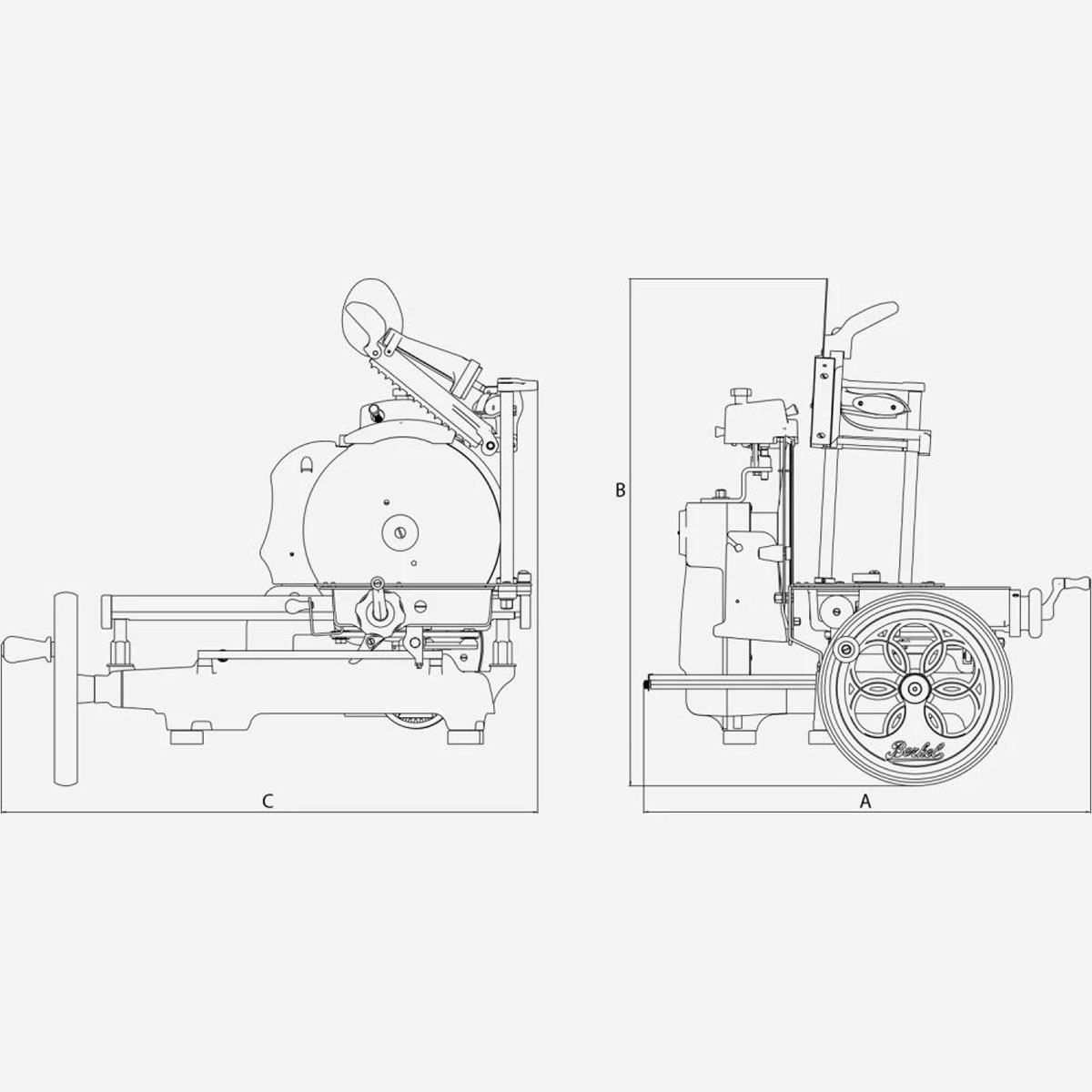 Diagramm von zwei Fleischschneidemaschinen mit den Maßen A, B und C. Eine von der Seite, die andere von oben.
