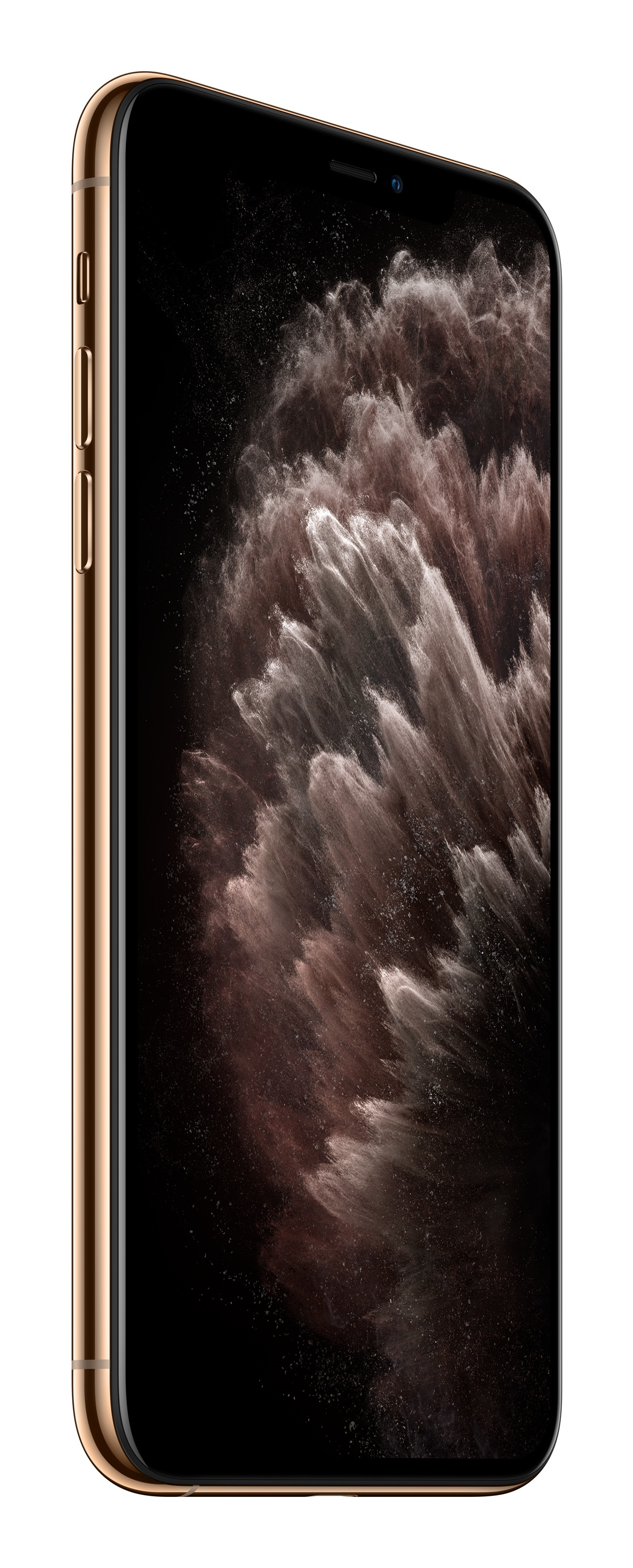 Złoty iPhone 11 Pro, widok pod kątem. Ekran wyświetla ciemny, rozmyty obraz. Widoczne przyciski boczne.