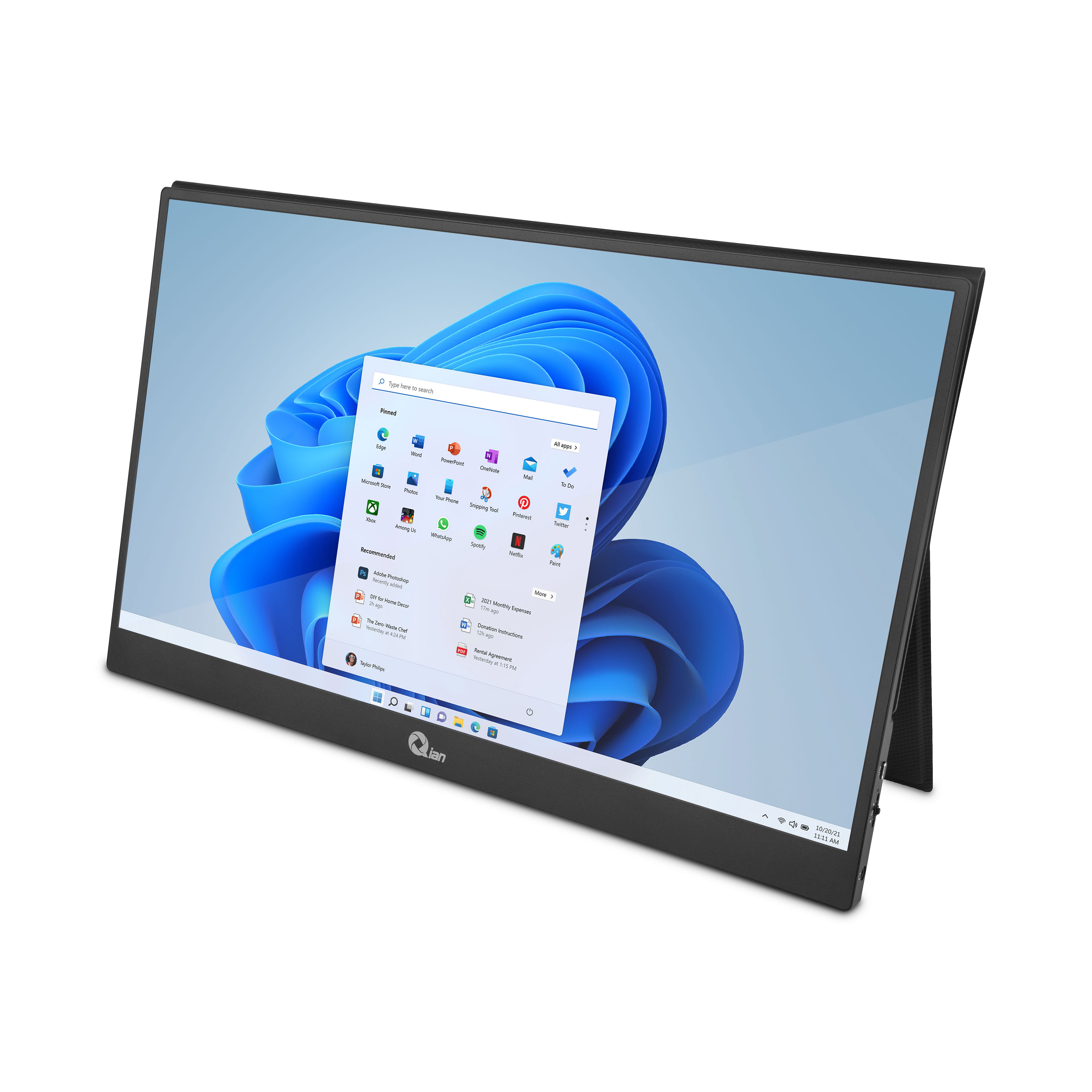 Un monitor portátil, negro, en ángulo sobre una superficie blanca. Muestra un escritorio Windows 11.