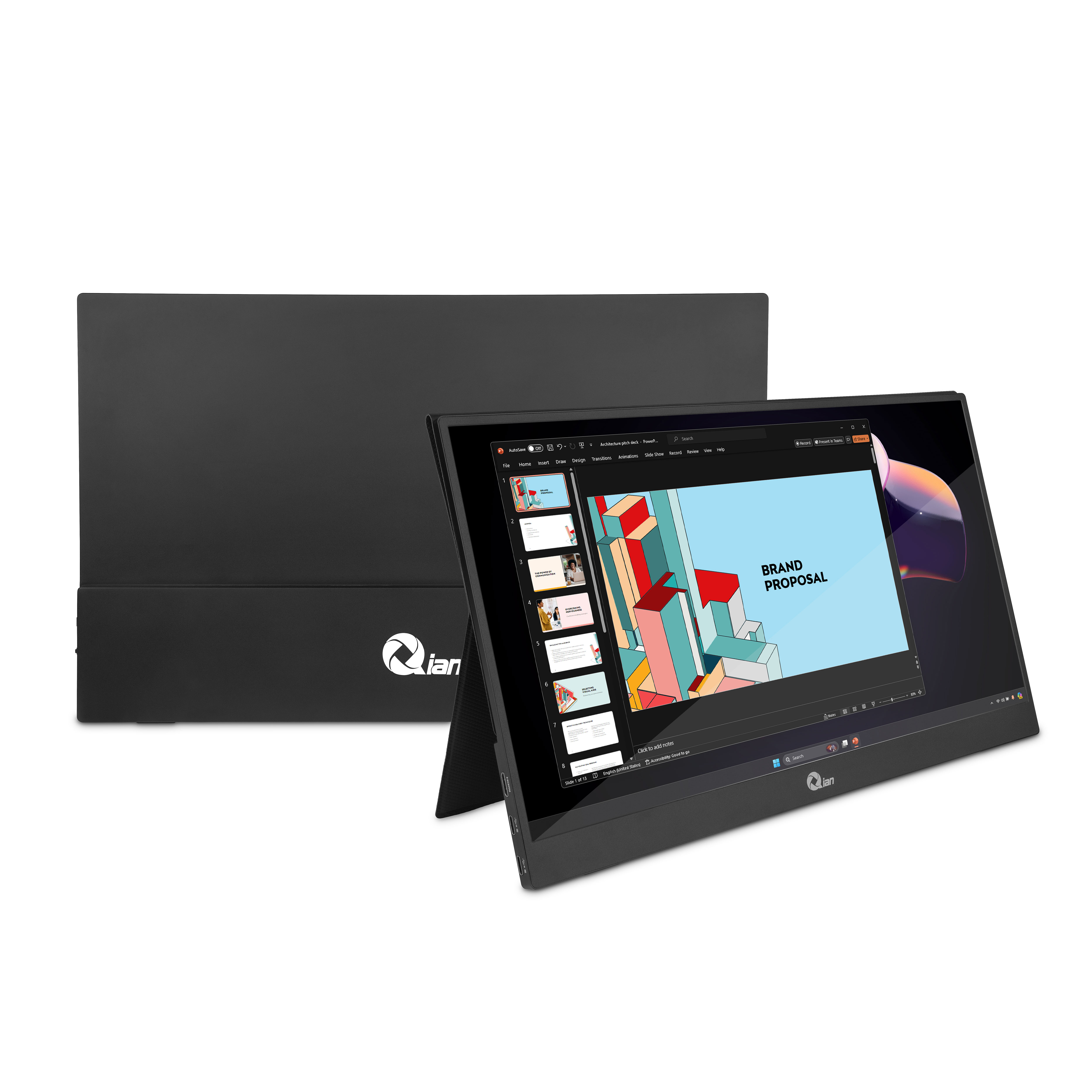 Monitor portátil negro con pantalla de presentación y estuche negro.