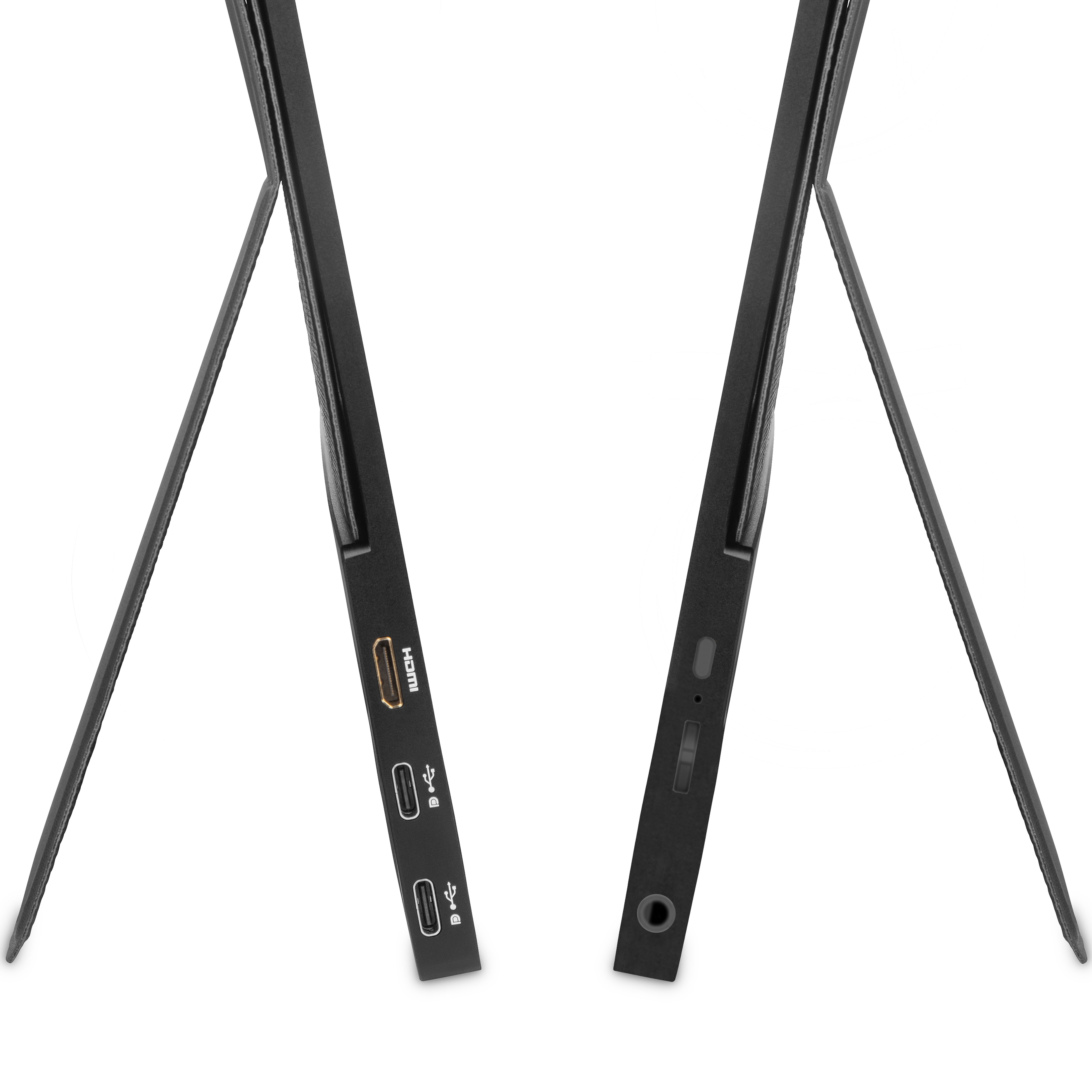 Dos pantallas negras con soportes, vista lateral. Muestra puertos HDMI y USB.