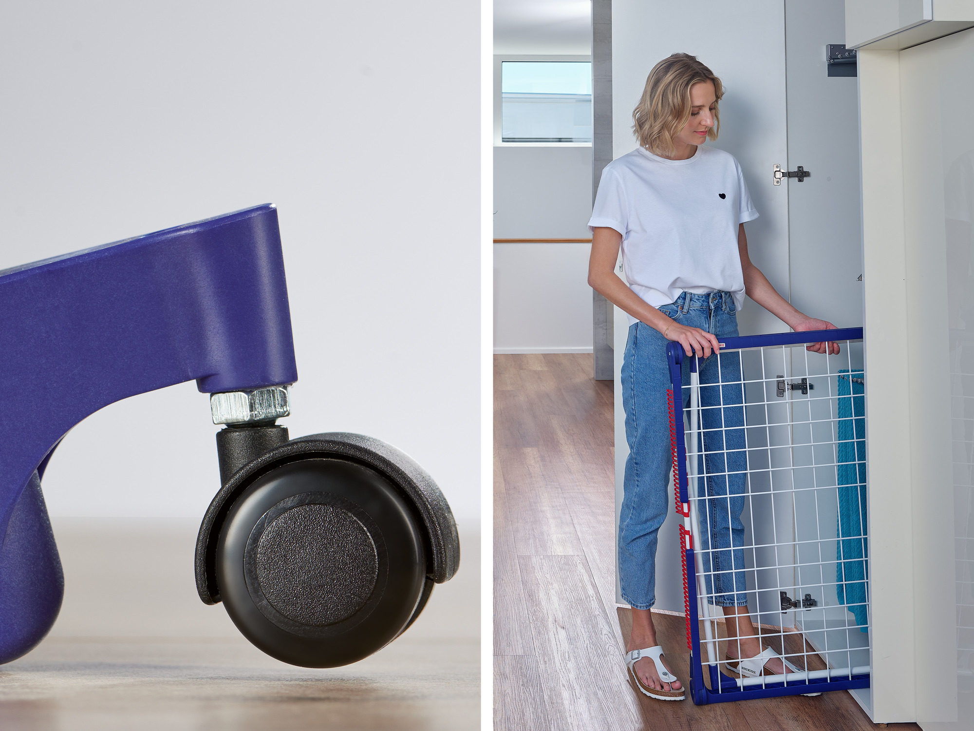 Osoba składająca niebiesko-białą suszarkę do ubrań, z kołem i zbliżeniem koła.