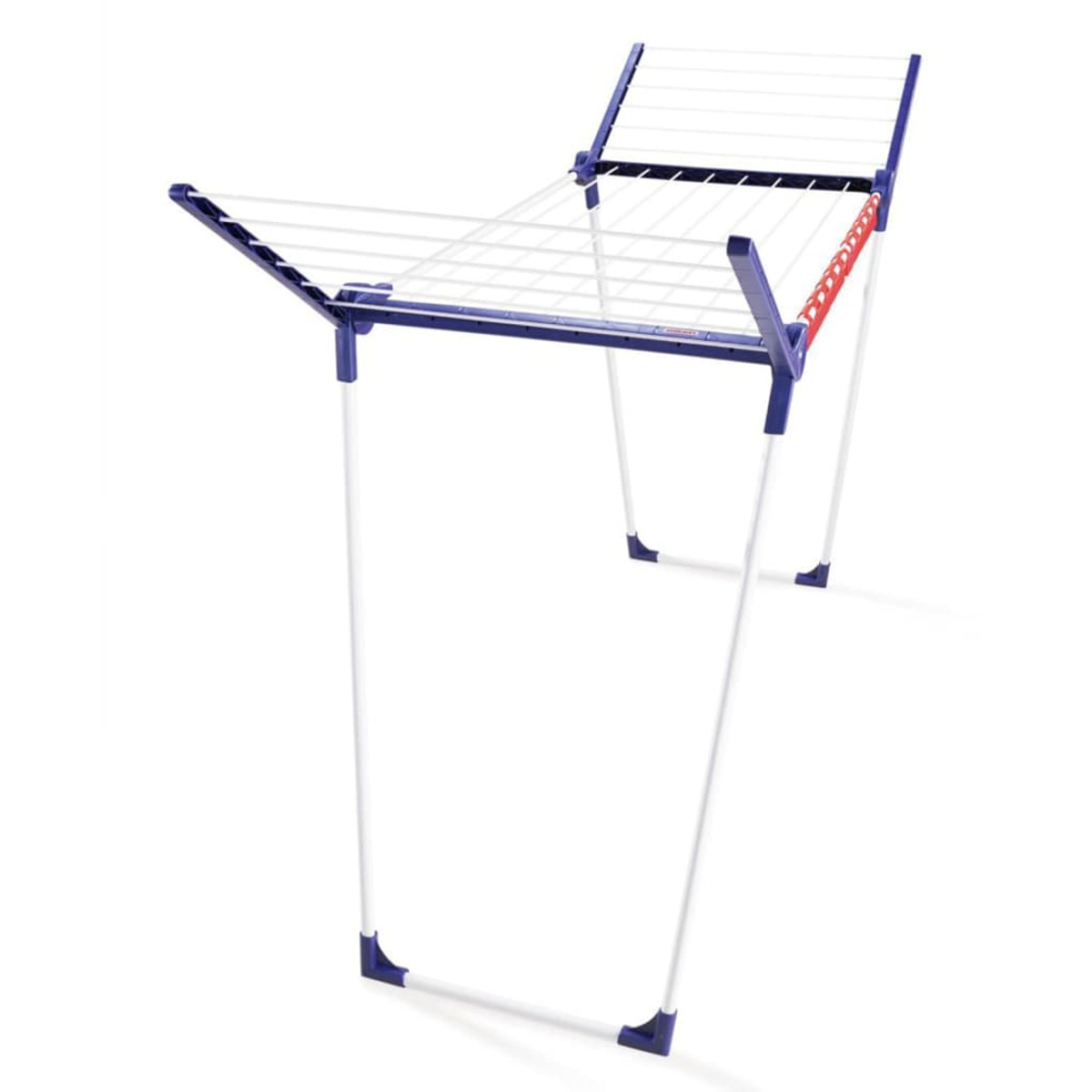 Faltbarer Wäschetrockner, weiß und blau. Die Struktur ist offen und bereit, Kleidung zu halten.