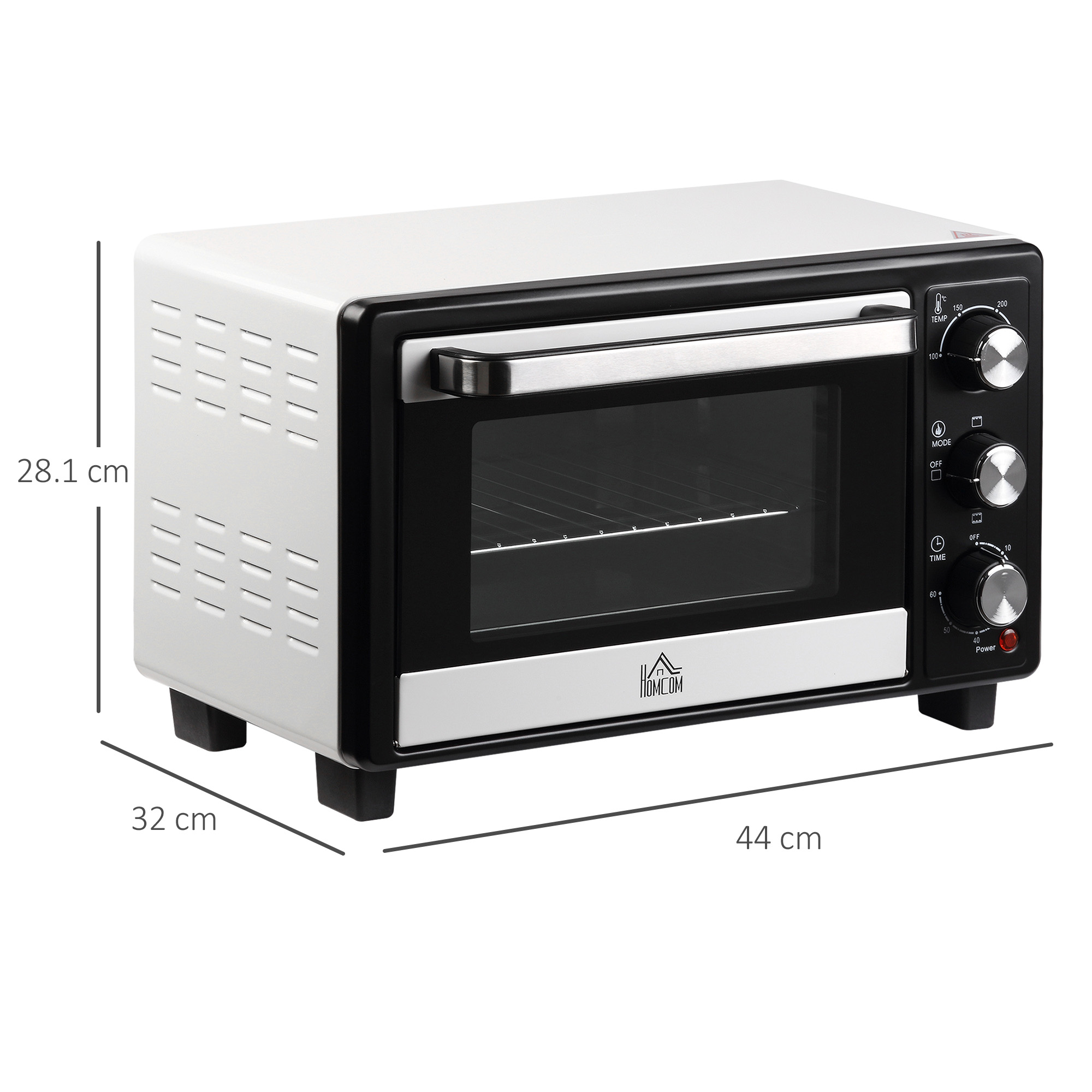 Un piccolo forno bianco e nero con quadranti e porta in vetro, con dimensioni indicate.