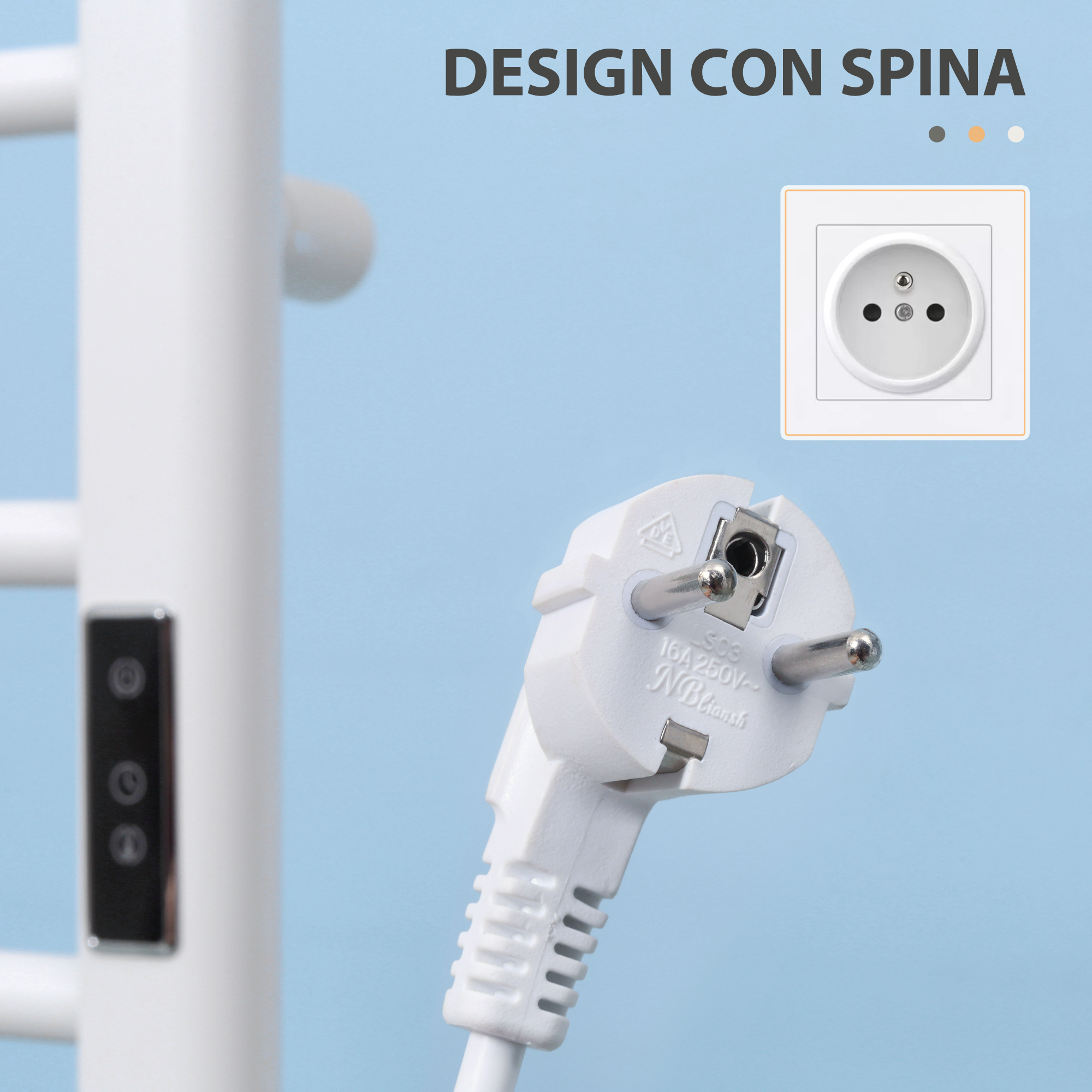 Spina e presa bianche. La spina è bianca con tre spine. Sfondo blu.
