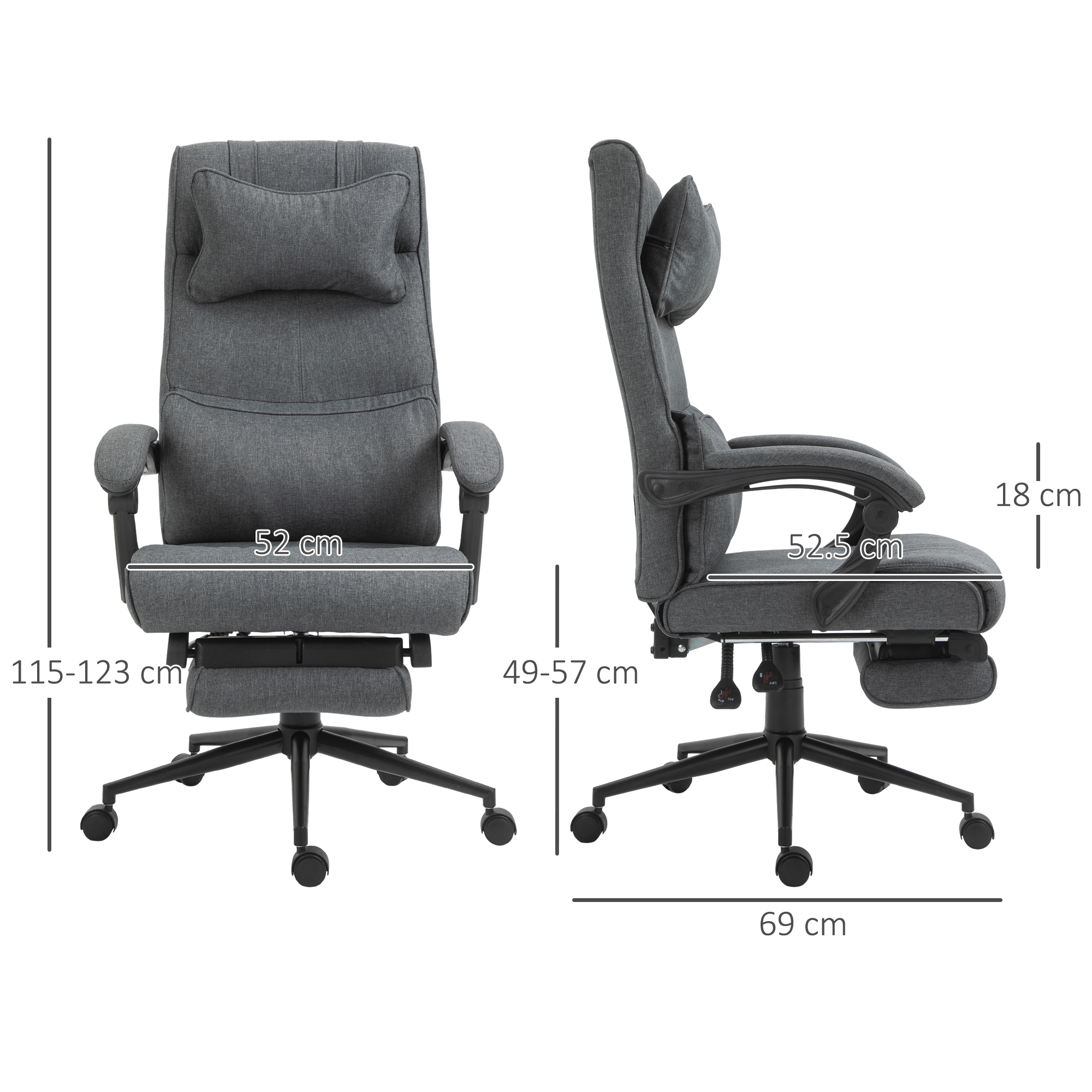 Sedia da ufficio ergonomica grigia con misure laterali.