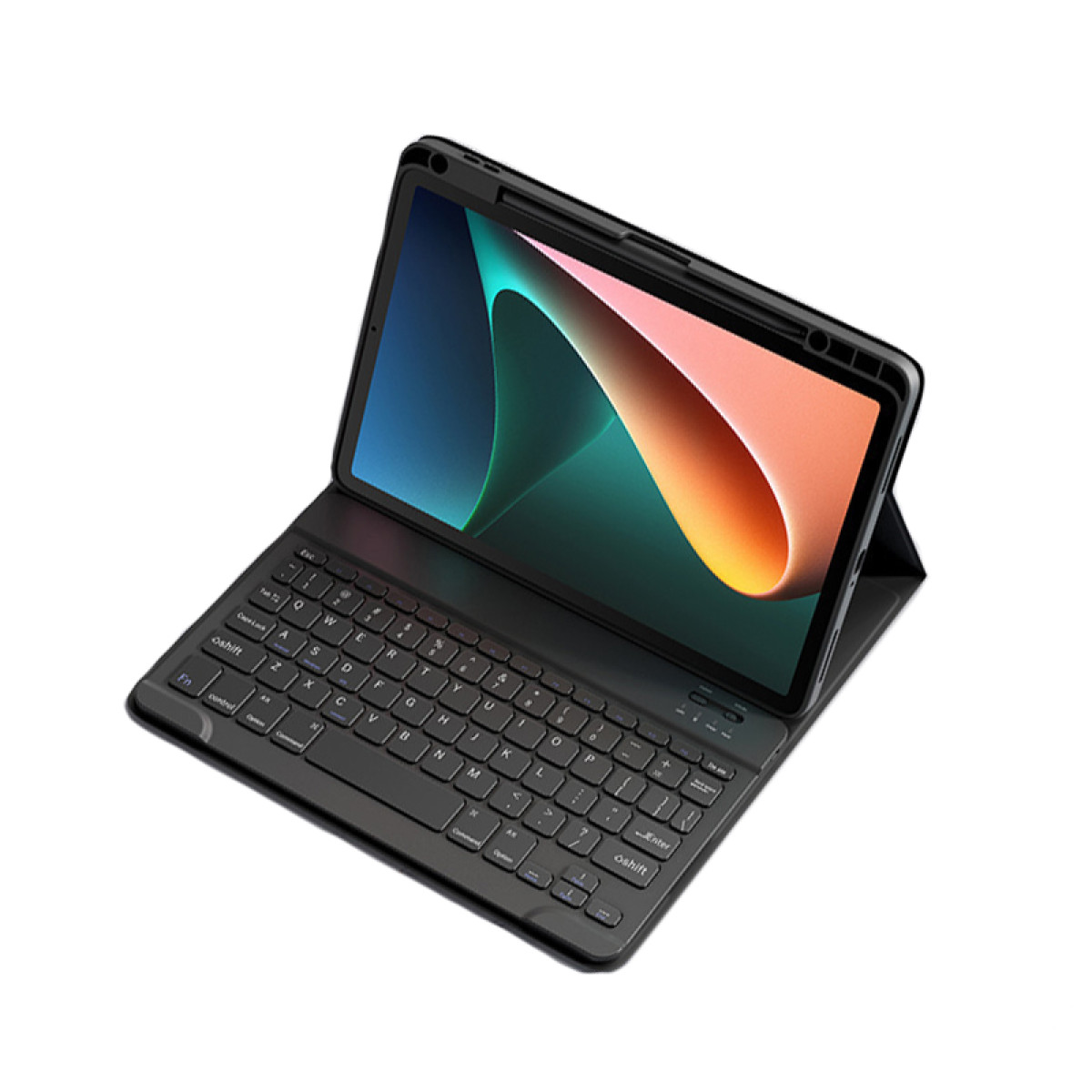 Ein schwarzes Tablet in einem Case mit Tastatur, das den Bildschirm zeigt.