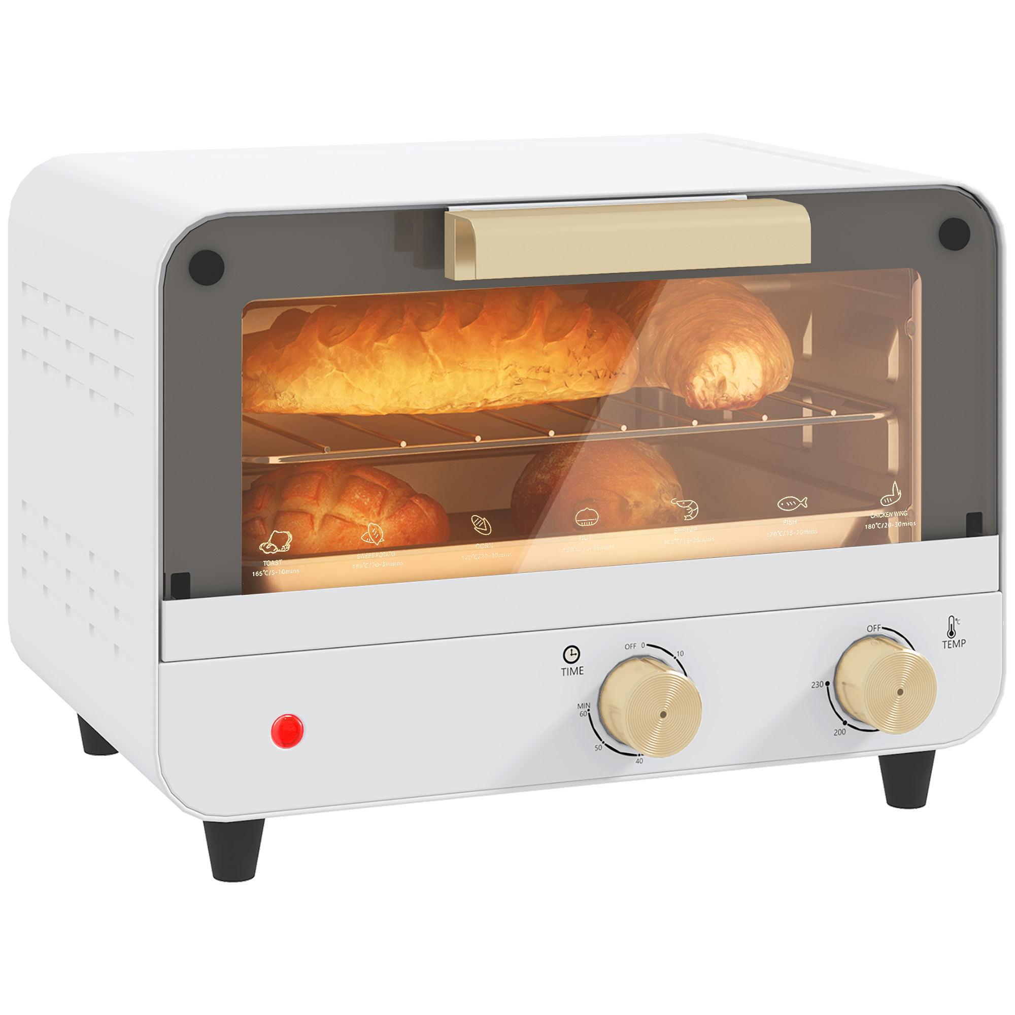 Tostapane bianco con pane all'interno, timer e controlli temperatura.