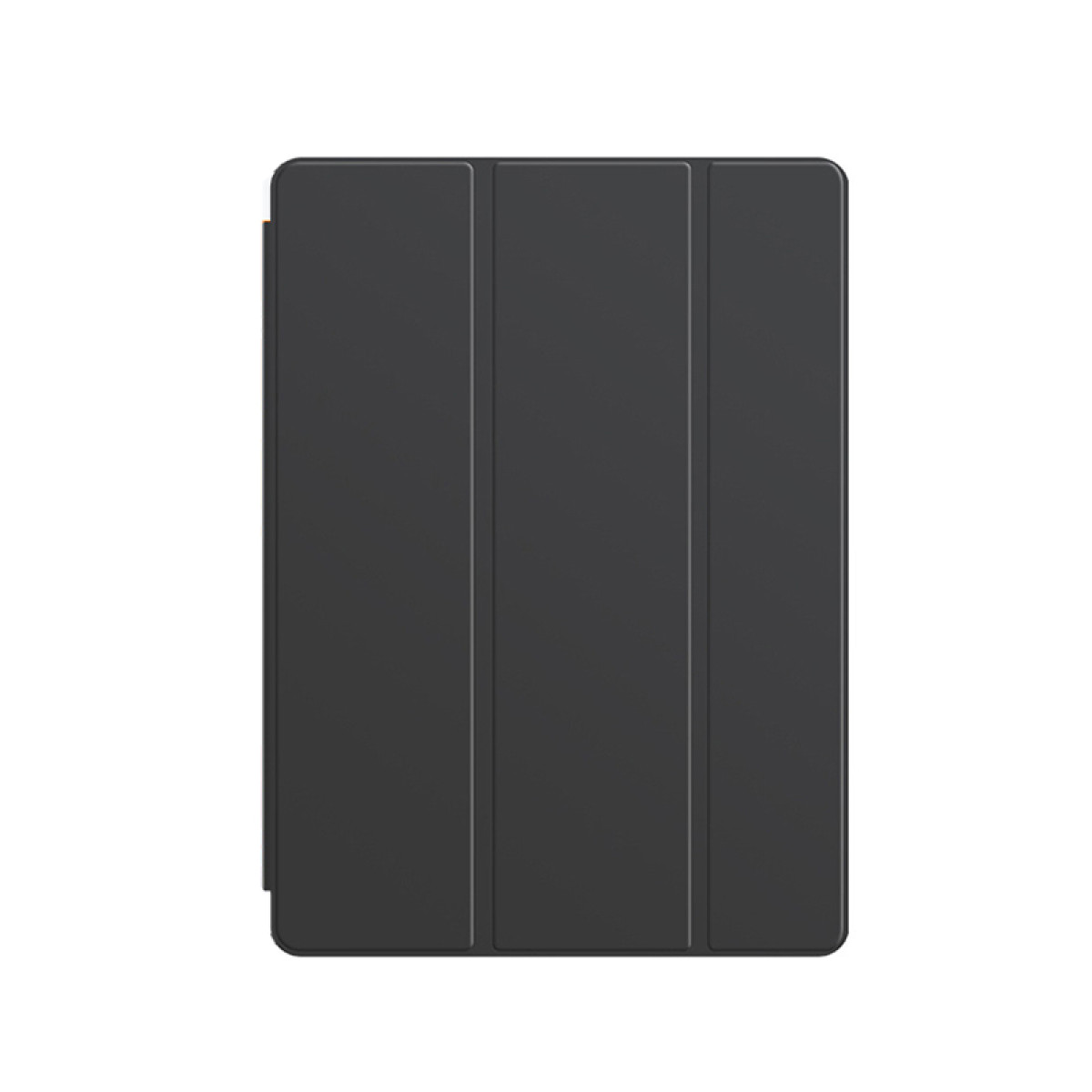 Een gesloten zwarte tablethoes, met drie verticale panelen.