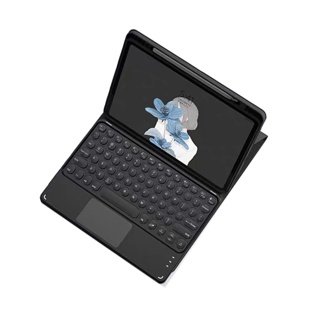 Schwarze Tablet-Tastaturhülle, geöffnet, mit einem Bildschirm, der ein Mädchen mit Blumen zeigt.