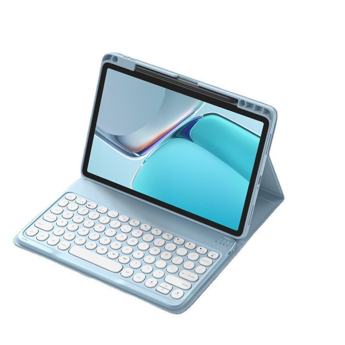 Tablet mit Tastaturhülle. Hellblaue Farbe. Der Bildschirm zeigt ein farbenfrohes, abstraktes Bild.