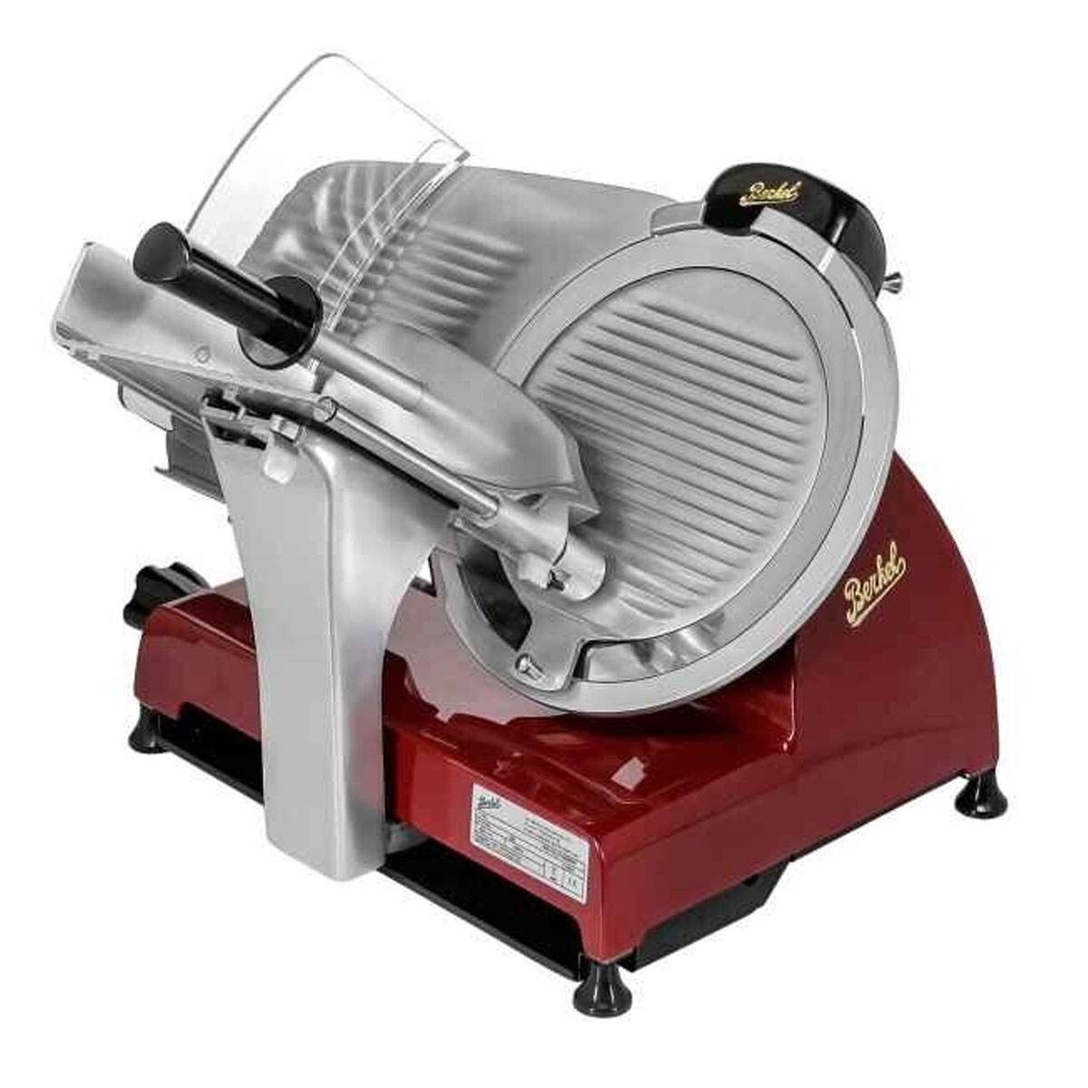 Czerwono-srebrna krajalnica do mięsa Berkel. Ma duże okrągłe ostrze i przezroczystą osłonę bezpieczeństwa.