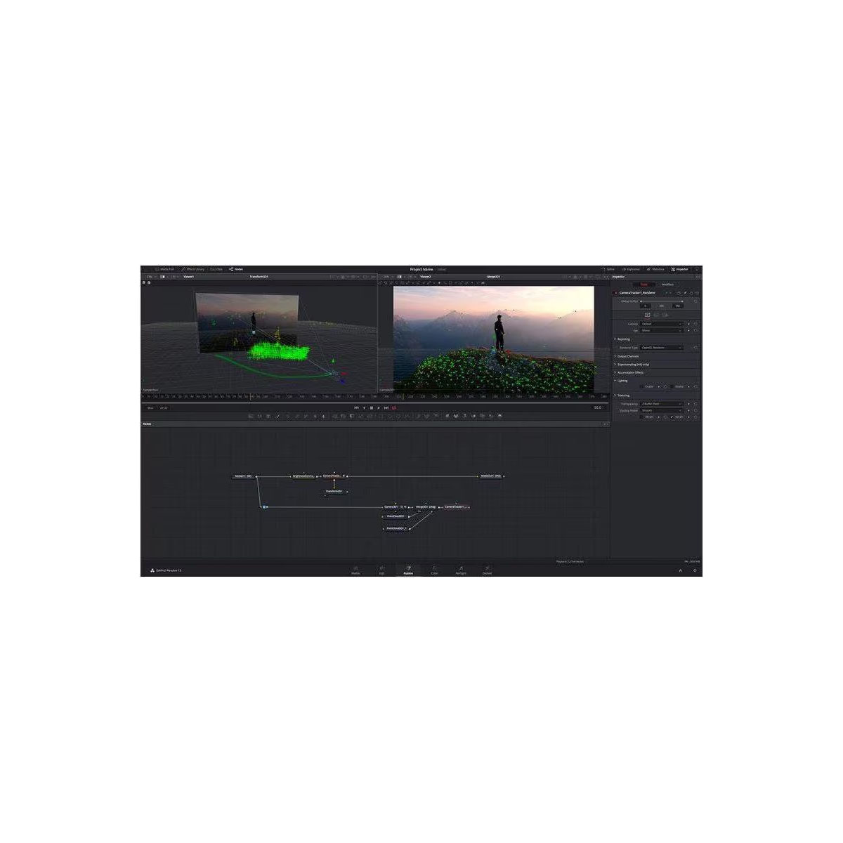 Ein Computerbildschirm zeigt eine DaVinci Resolve-Oberfläche mit einer Videobearbeitungs-Zeitleiste und verschiedenen Steuerelementen.