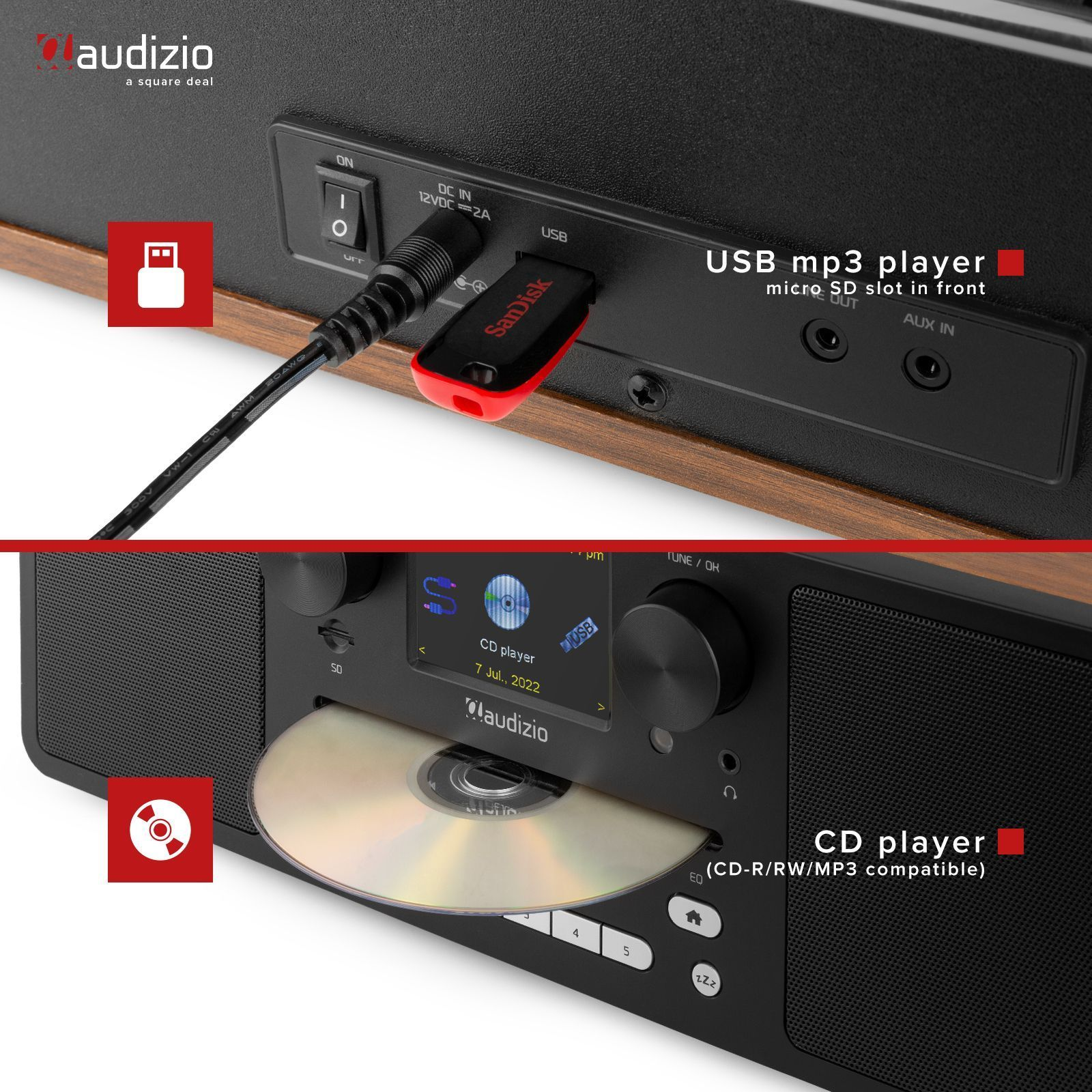 Gros plan d'un lecteur multimédia avec des composants USB et lecteur CD.