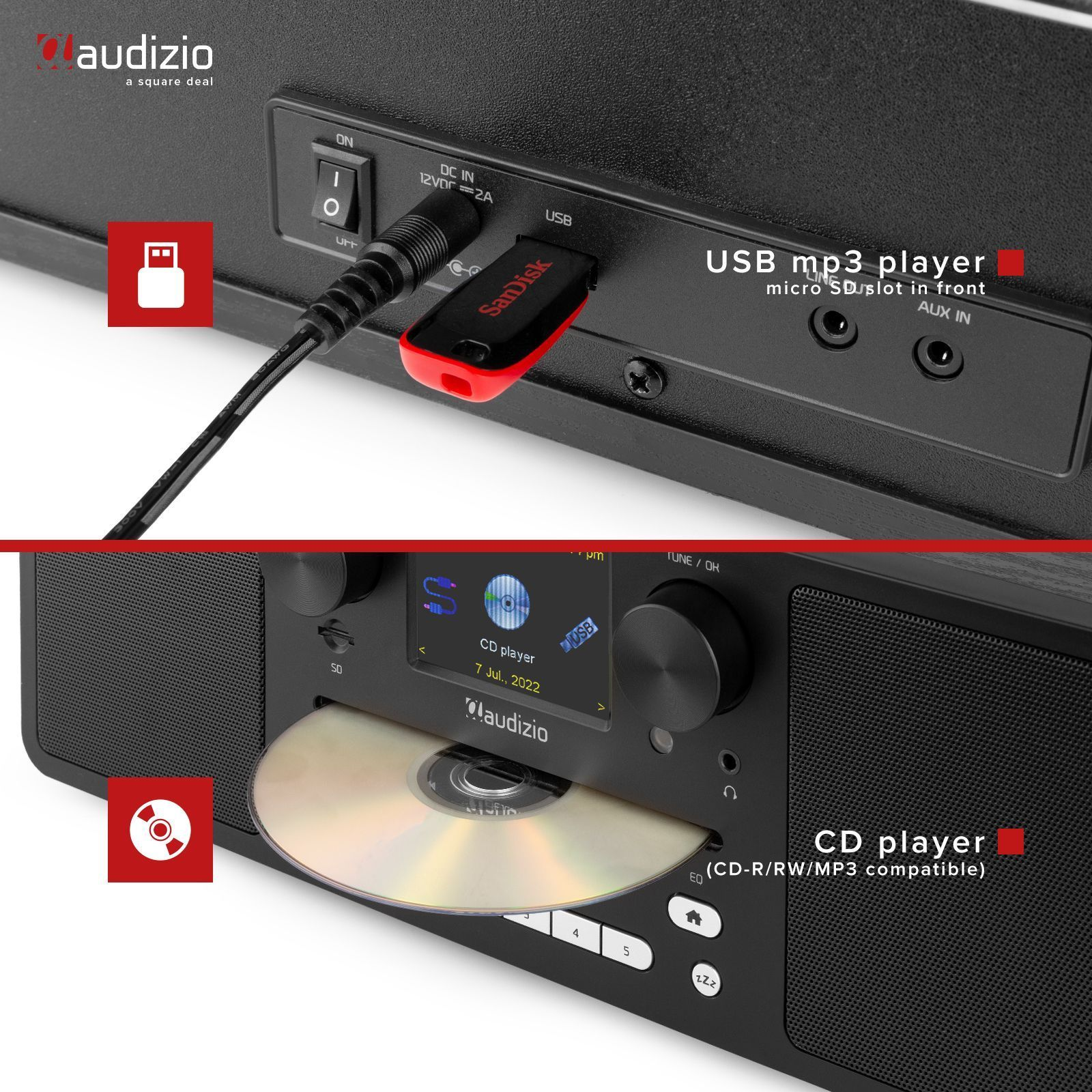 Stereoanlage mit USB-MP3-Player und CD-Player, mit rotem USB-Stick.