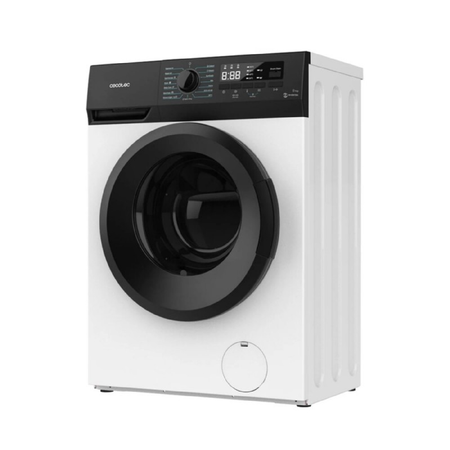Una lavadora blanca con puerta y panel de control negros. Es una máquina de carga frontal.