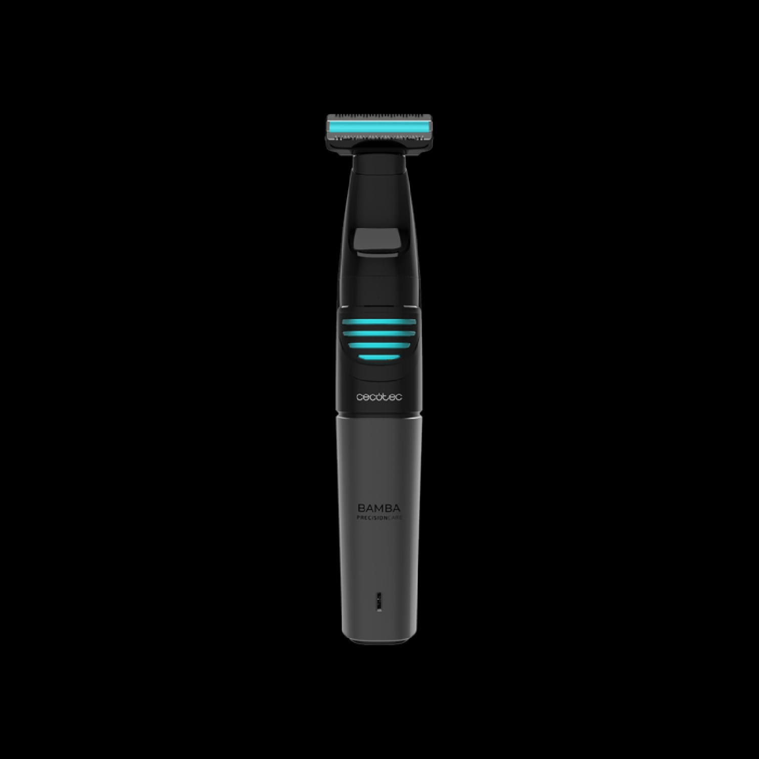 Rifinitore per la cura del corpo nero con dettagli blu, su sfondo nero.
