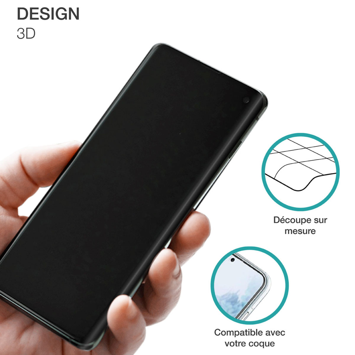 Mano che tiene un telefono nero. I cerchi mostrano il taglio personalizzato e la compatibilità con la custodia.