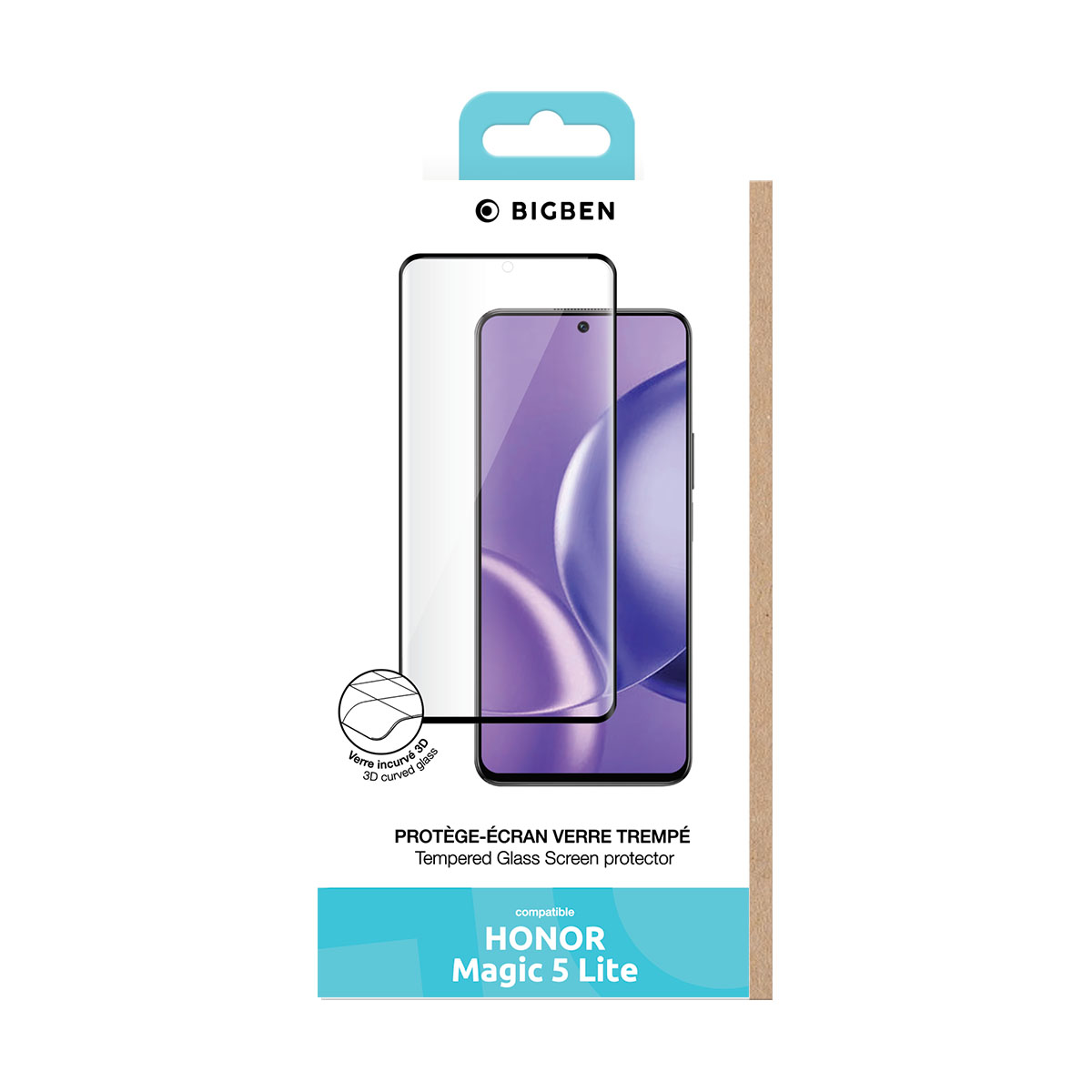 Scatola protezione schermo telefono con grafica. Scatola marrone, telefono con schermo viola.
