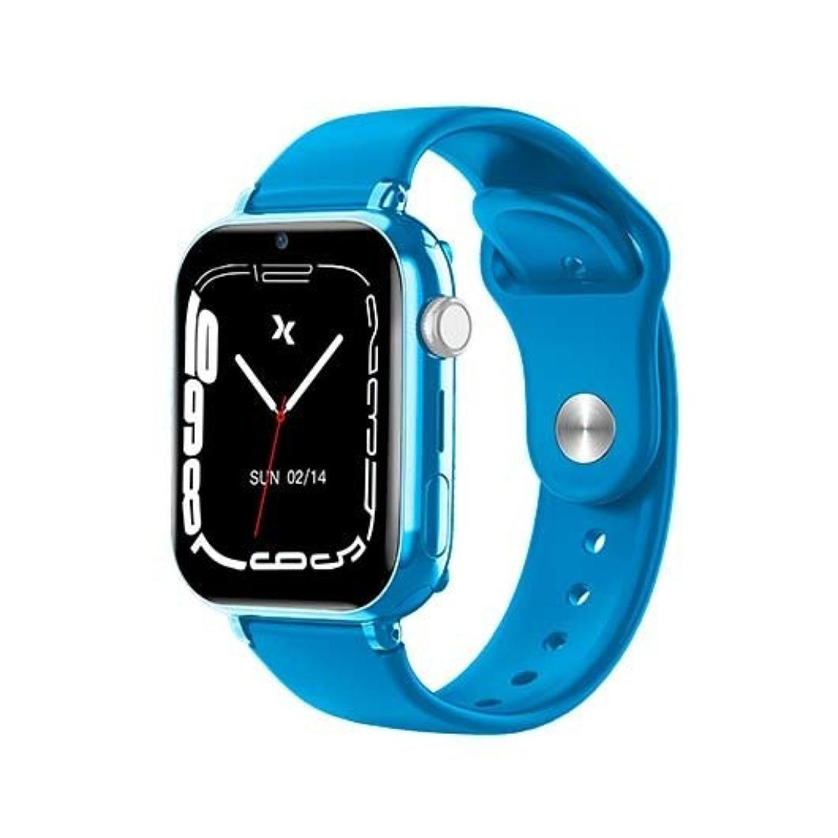 Blauw smartwatch met een scherm dat de tijd en datum toont. Blauwe band. Witte achtergrond.