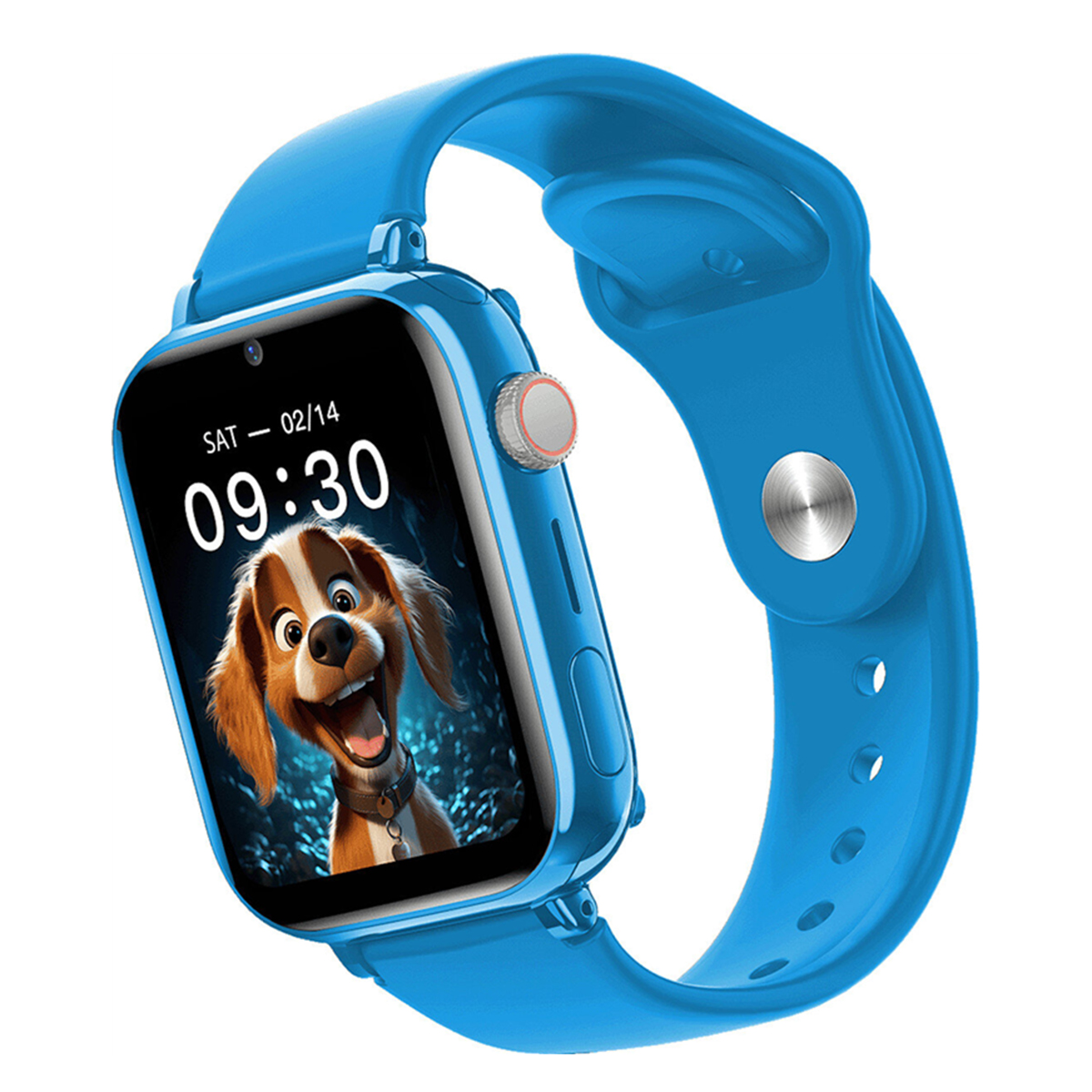 Blauw smartwatch met lachende hond op het scherm, toont tijd. Blauwe band.