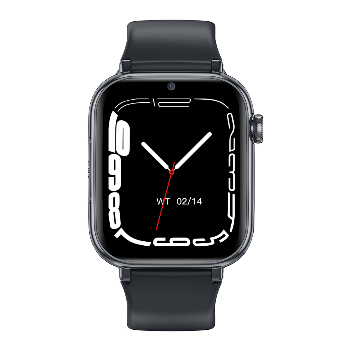 Czarny smartwatch z kwadratową tarczą. Wyświetlana jest godzina 10:10. Wyświetlacz jest włączony.