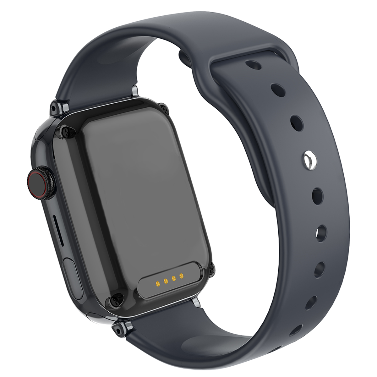 Czarny smartwatch z ciemnym paskiem, pod kątem na białej powierzchni.