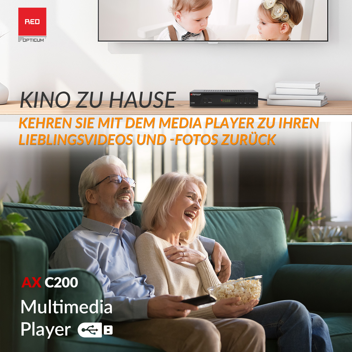 Ein älteres Ehepaar genießt Popcorn und schaut fern. Der Fernsehbildschirm ist sichtbar und zeigt eine Szene.