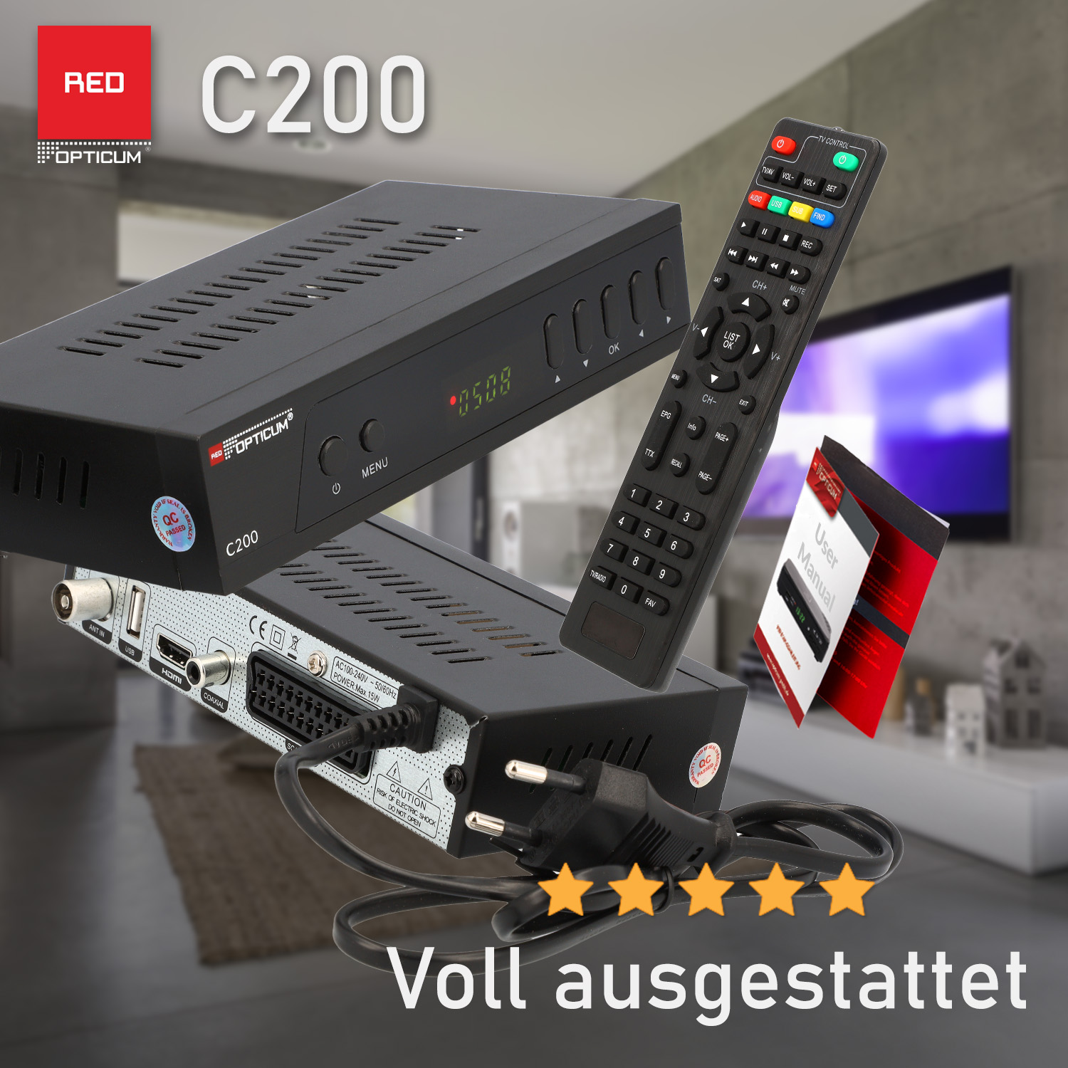 Ein roter TV-Receiver, eine Fernbedienung und eine Bedienungsanleitung. Der Receiver hat eine schwarze Farbe.