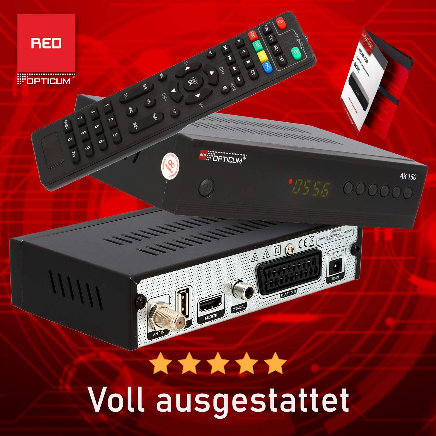 Schwarze TV-Box, Fernbedienung und Verpackung. Rote Akzente. Weißer Hintergrund.
