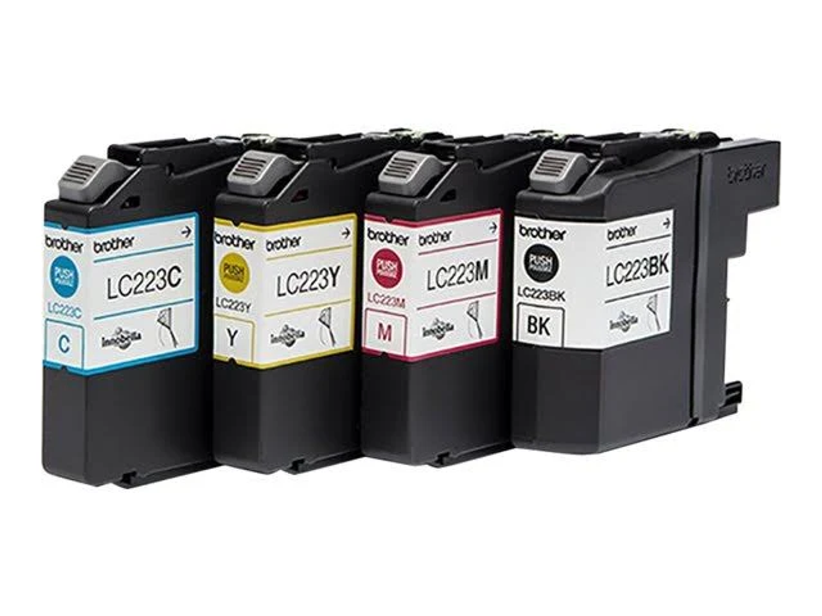 Vier Tintenpatronen mit der Aufschrift LC223C, LC223Y, LC223M, LC223BK in Blau, Gelb, Magenta und Schwarz.
