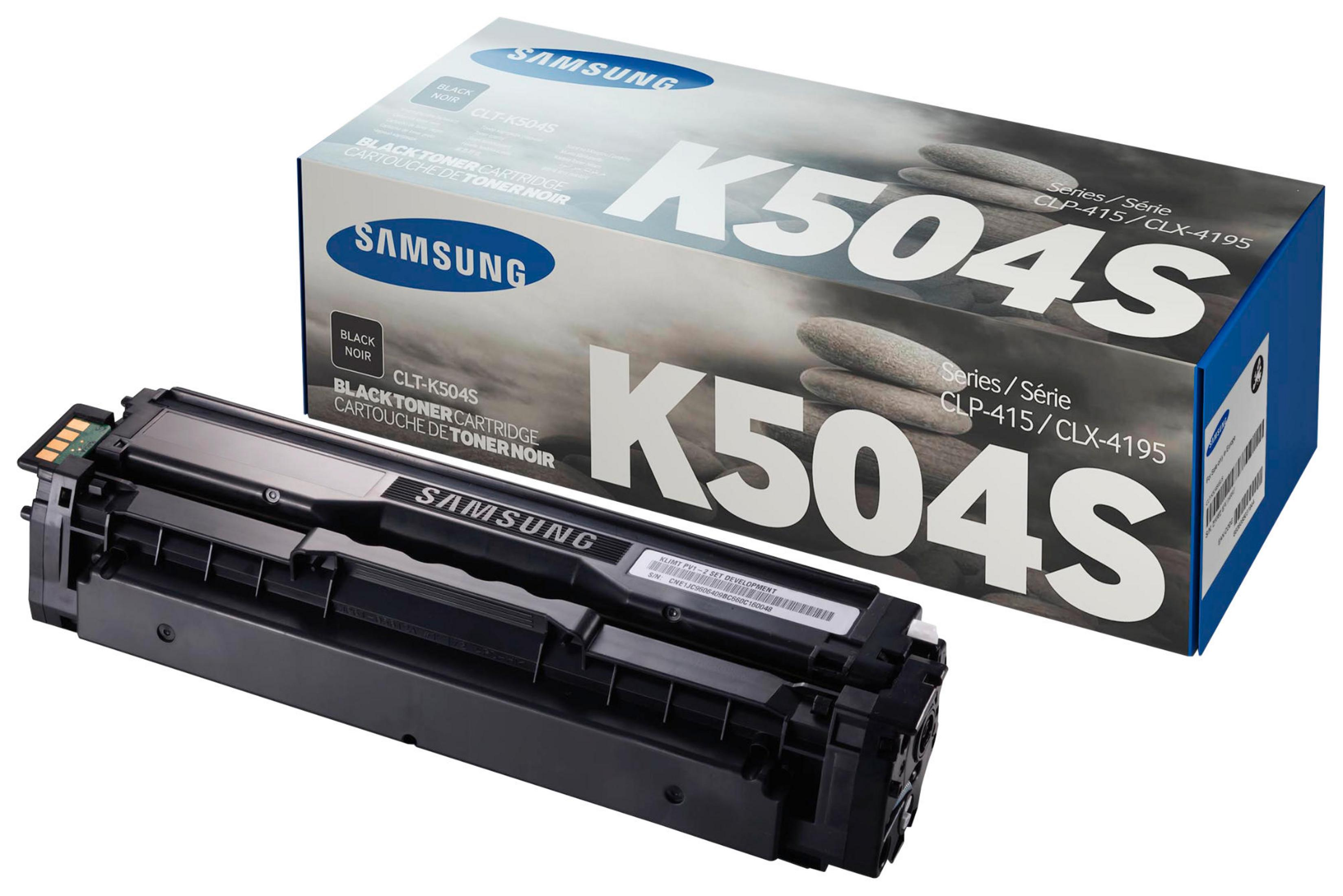 Cartouche de toner Samsung K504S noire dans sa boîte. Le texte est visible sur la boîte et la cartouche.