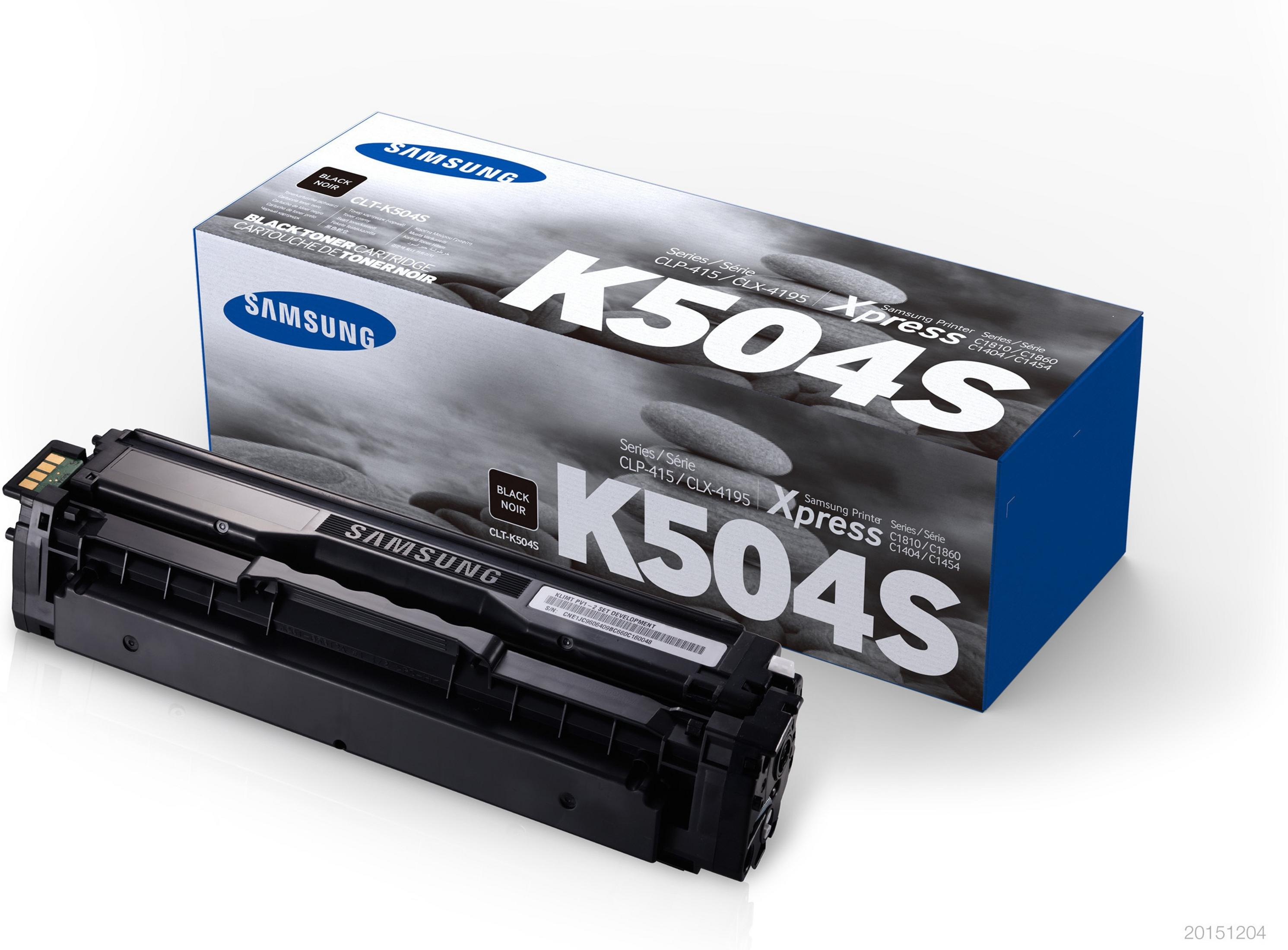 Une boîte de cartouche de toner Samsung K504S noire et blanche et la cartouche. Texte sur la boîte : K504S et Samsung.