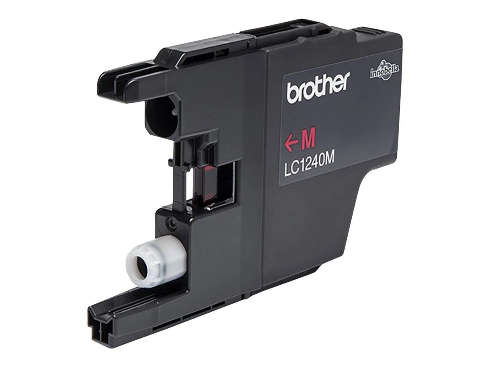 A black ink cartridge with a Brother brand label, and a magenta 'M' and arrow indicating color.