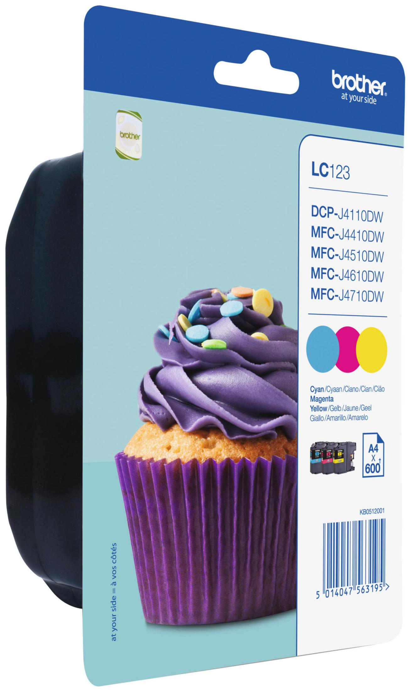 Brother LC123 ink cartridge pack. Cupcake image on the front with colorful sprinkles.