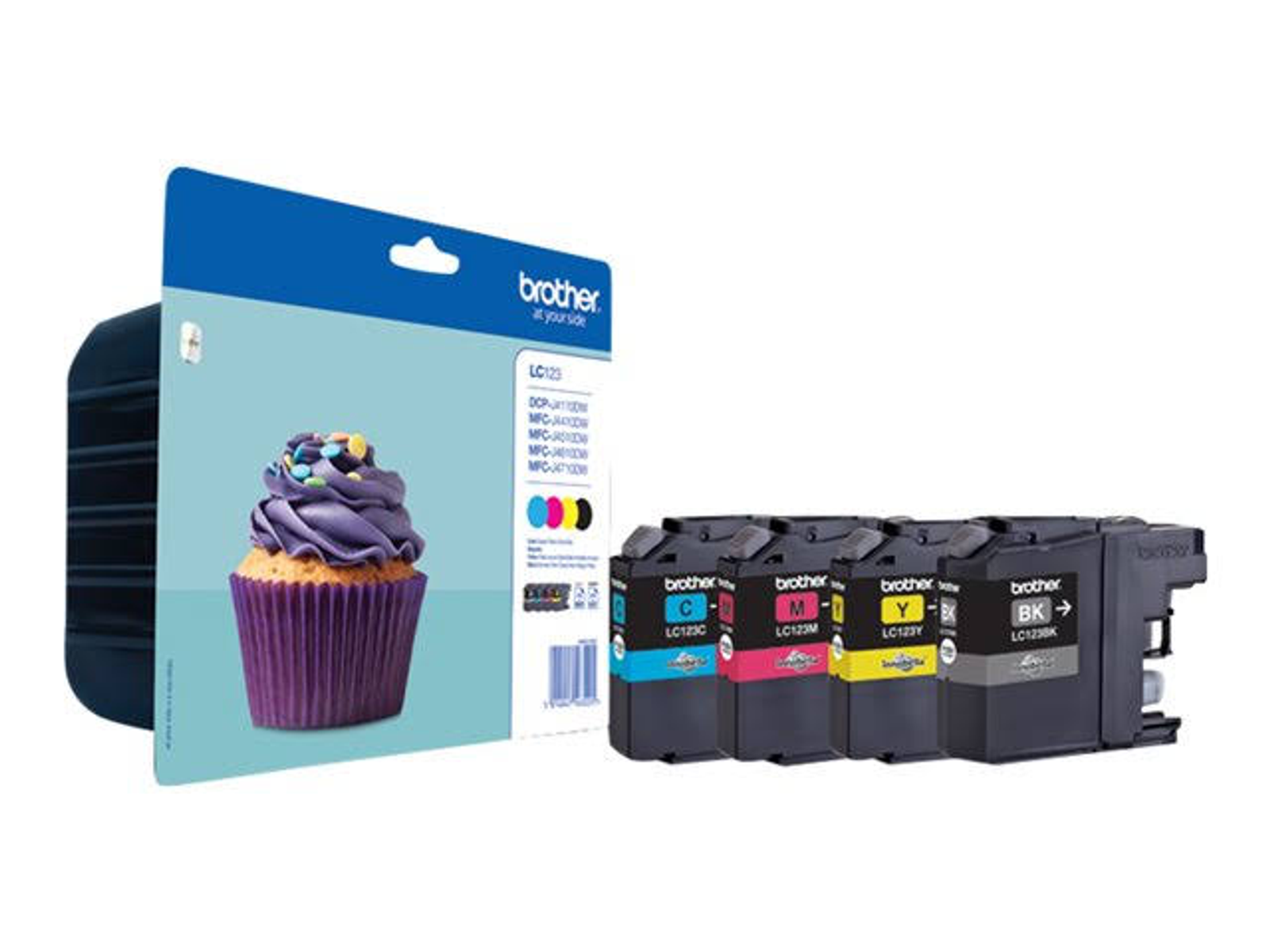 Ink cartridges for a printer, with a cupcake illustration, in a blue and white package.