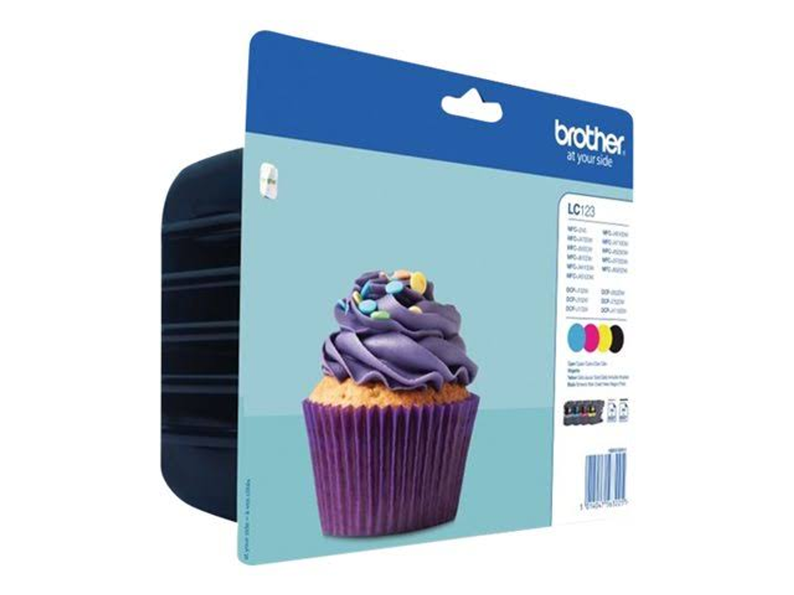 Brother LC123 ink cartridge pack. Cupcake image on the front with colorful sprinkles.