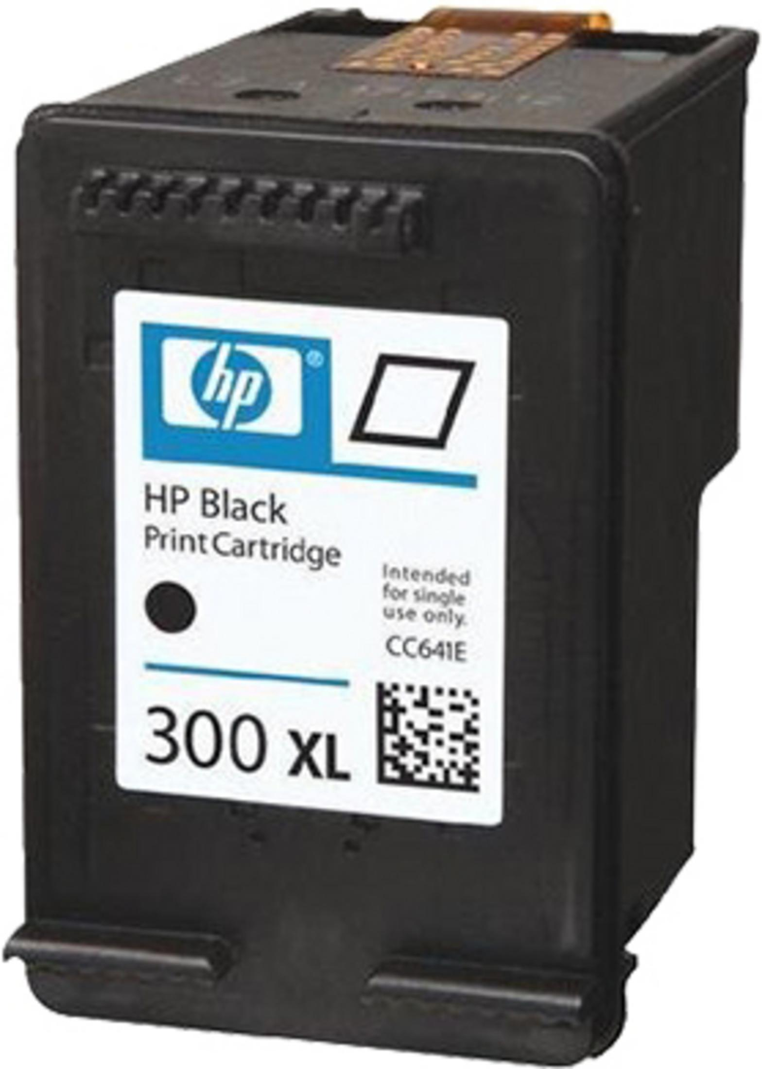 Cartuccia d'inchiostro HP nera con etichetta bianca. Testo: HP Black Print Cartridge e 300 XL.